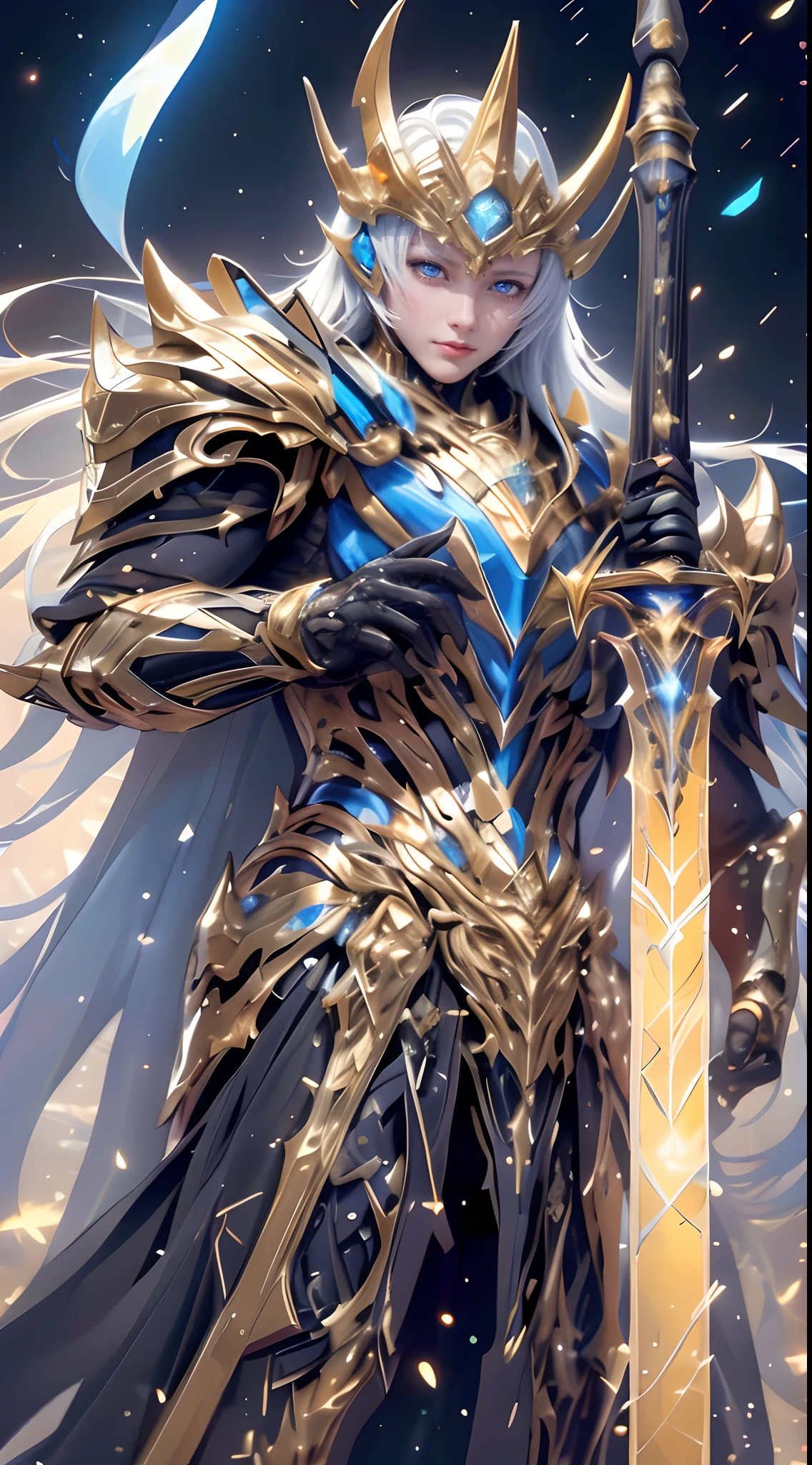 An awe-inspiring paladin wearing golden armor, wielding a sword imbued with radiant light, and holding a golden giant shield. The paladin’s blue eyes shine with determination as they navigate through the dark and mysterious cityscape. The glow of the paladin’s sword illuminates the surroundings, revealing intricate details and adding a cinematic touch to the composition. The overall aesthetic captures the beauty and depth of the scene, reminiscent of Fujifilm photography.