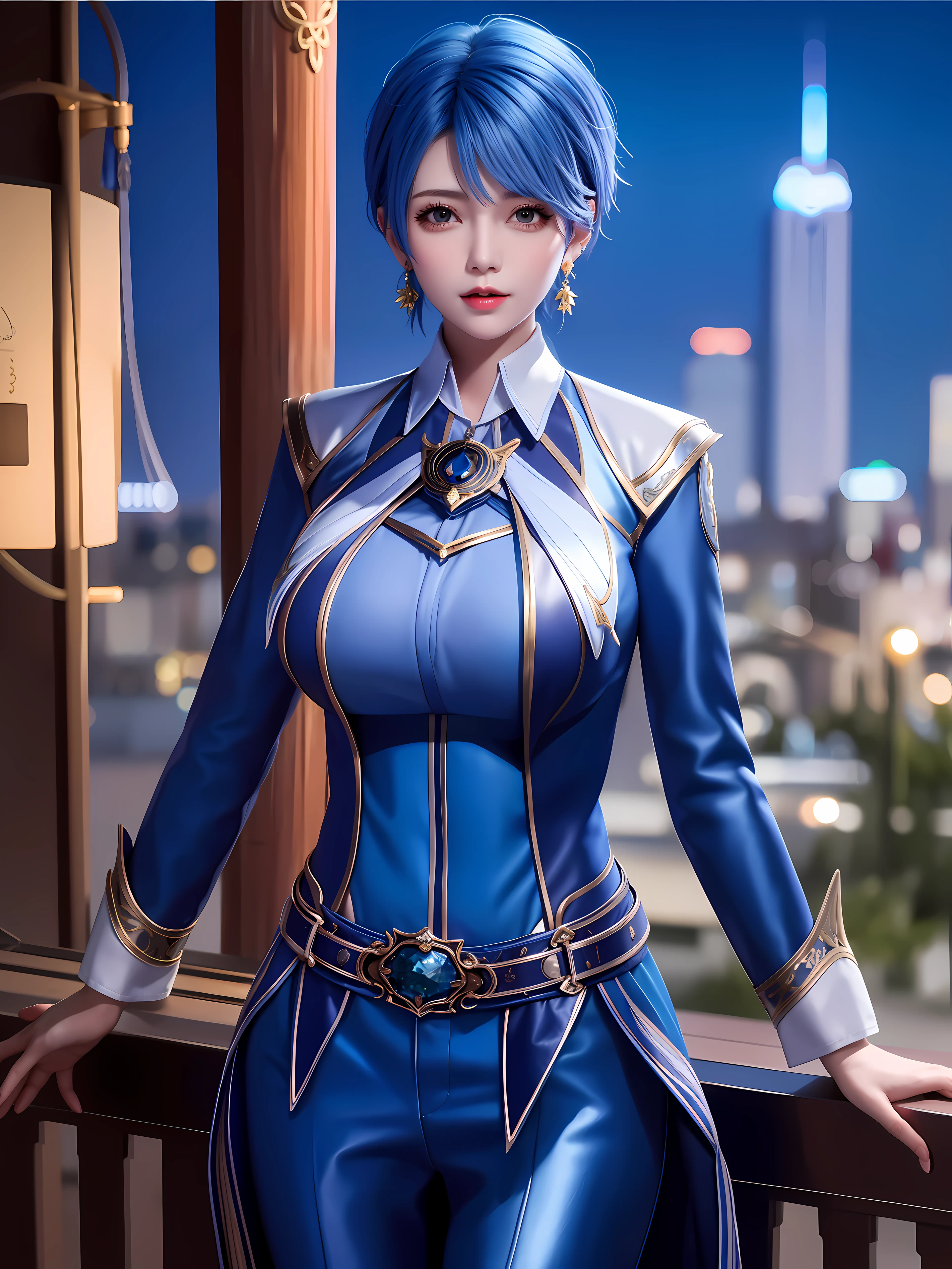 1girll, Mature female, Cityscape, Night, view the viewer, Short hair, belt,Blue shirt,jewelry, Earrings, , Long sleeves, Collar,Pants, Trim,huge tit，Stretch breast makeup，