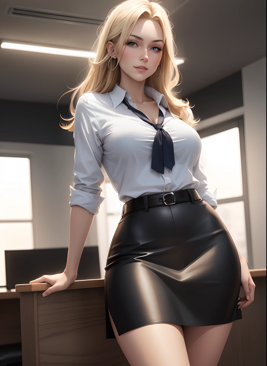 Hyper realistic super detailed sexy woman, Une fille confiante, NSFW, Very detailed, expressions faciales sexy, seductive facial expressions, [:(Face detail: 1.4): 0.4], 16K resolution, 4k resolution, dinamic lighting, High definition resolution, (sexy pose, Position attrayante), (hyper realistic: 1.4), (back light: 1.2), (sun light: 1), (pleine hauteur: 1.8),(contrasting background: 1.5), (Anatomy of the hyperrealistic arm), (Hyperrealistic anatomy of the legs), (peau propre), (lighting cinematic: 1.7), (intime), (Technologie NVIDIA RTX Ray Tracing), (Anatomy of the hyperrealistic arm: 2), (Ventre plat parfait), (image couleur),beautiful mature business woman, long blonde hair, lipstick, eyeshadow, makeup, white button down, black bra, pantyhose, high heels black skirt, curvy, smiling, seductive, laying on a desk, two tone lighting, dynamic lighting