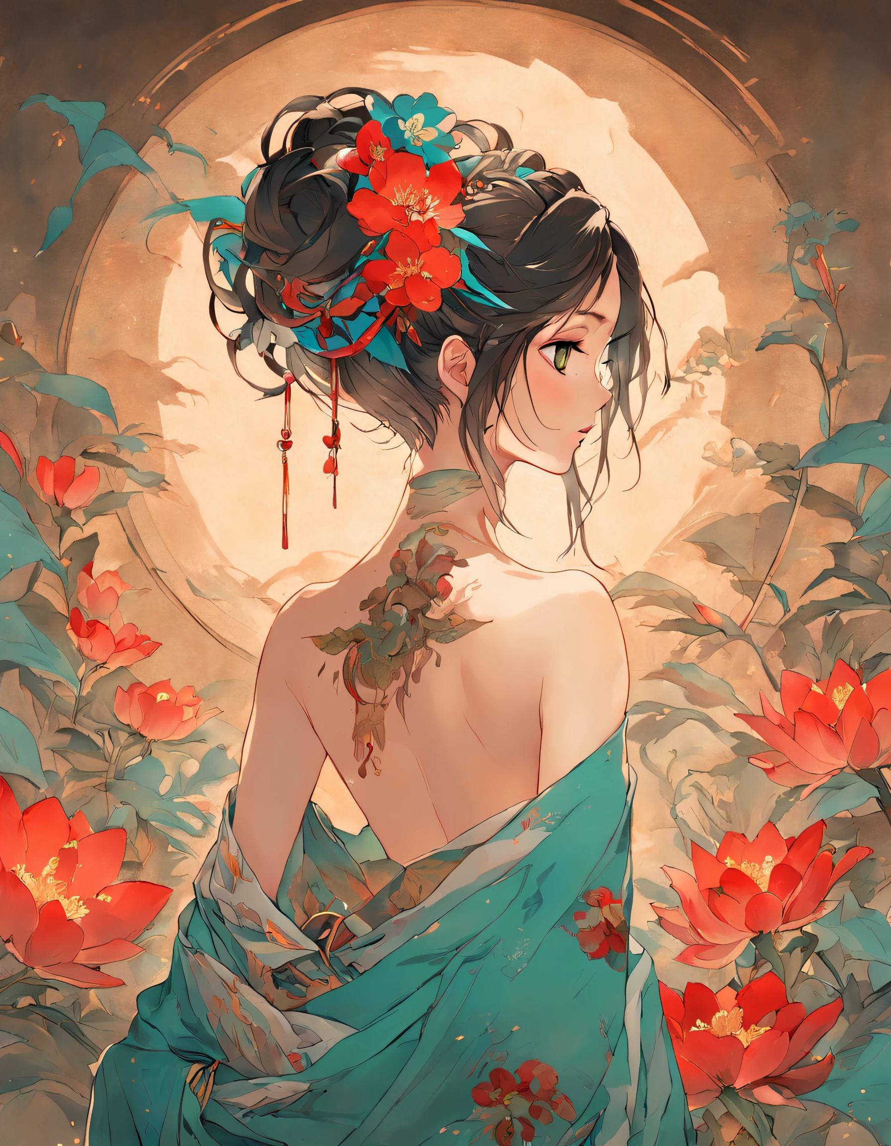 Ancient China had a woman's back, back of head,Expose the back and waist,above waist,There is a flower tattoo on the bare back,Red and blue-green flowers, Recline on the bed,ukiyo-style, Guviz-style artwork, Guviz, Alphonse mucha and rossdraws, A beautiful artwork illustration, By Li Song, by Yang J, author:Zou Zhe, By Zeng Jing, by Ye Xin, author:Shitao, author:Zhou Fang, korean art nouveau anime