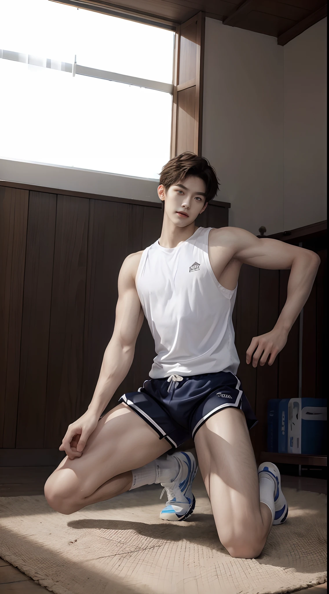 (((Best quality))),(((Ultra detailed))),(((Masterpiece)))，（Cute tall Shota：2），The height of a volleyball player，Bodybuilding champion，solo person，（full bodyesbian：3），（Stay away from the lens：3），Expose your legs，（revealing the whole body：2），（Frontal heads-up view：1.2），malefocus，（looking at viewert），18yr old，（Tall：3），（Tall guy：2），Super tall，（Height 300 cm：2），Excellent body proportions，muscular physique，（1.The shoulders are 5 times wider：1.2），（Slender straight legs：2.5），Slender feet，small heads，musculous，（The face of the animated male protagonist），Pure face，（Very detailed beautiful face and eyes：2），（Big bright eyes：2），Sharp eyeliner，Clear and beautiful face，exhilarated，（Happy smile：3），short detailed hair，（Correct facial features），（tilts your head：1.5），（Men's boxer panties：2)，Long white socks，Basketball shoes，（Muscle firming：2），Strong，（Wide shoulders and narrow waist：2.2），Sports men's socks，Detailed muscle texture，Highlights muscle structure，At the top of the tower，（kneeling down：4），（full length shoot），ultra-realistic realism, (Photorealistic detail), Incredible accuracy, lifelike textures, masterful technique, Jaw-dropping precision, artistic dedication，（anatomy correct），Good lighting，exquisite detailing，Best quality，stunning masterpiece，CG，（Colored screen）