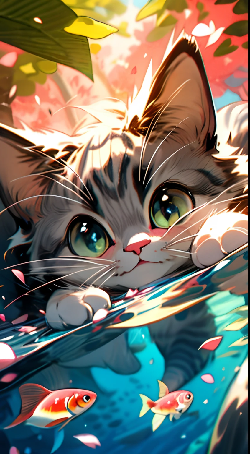Cute gray kitten，Pink paws，pink nose，Petals fall to the surface of the water，独奏，close up of face，portraitures，hairy pubic，fronds，no man，under the water，water bubbles，Buble，higher details，Rich in color，Adorable smile，top-quality，8K，high saturated