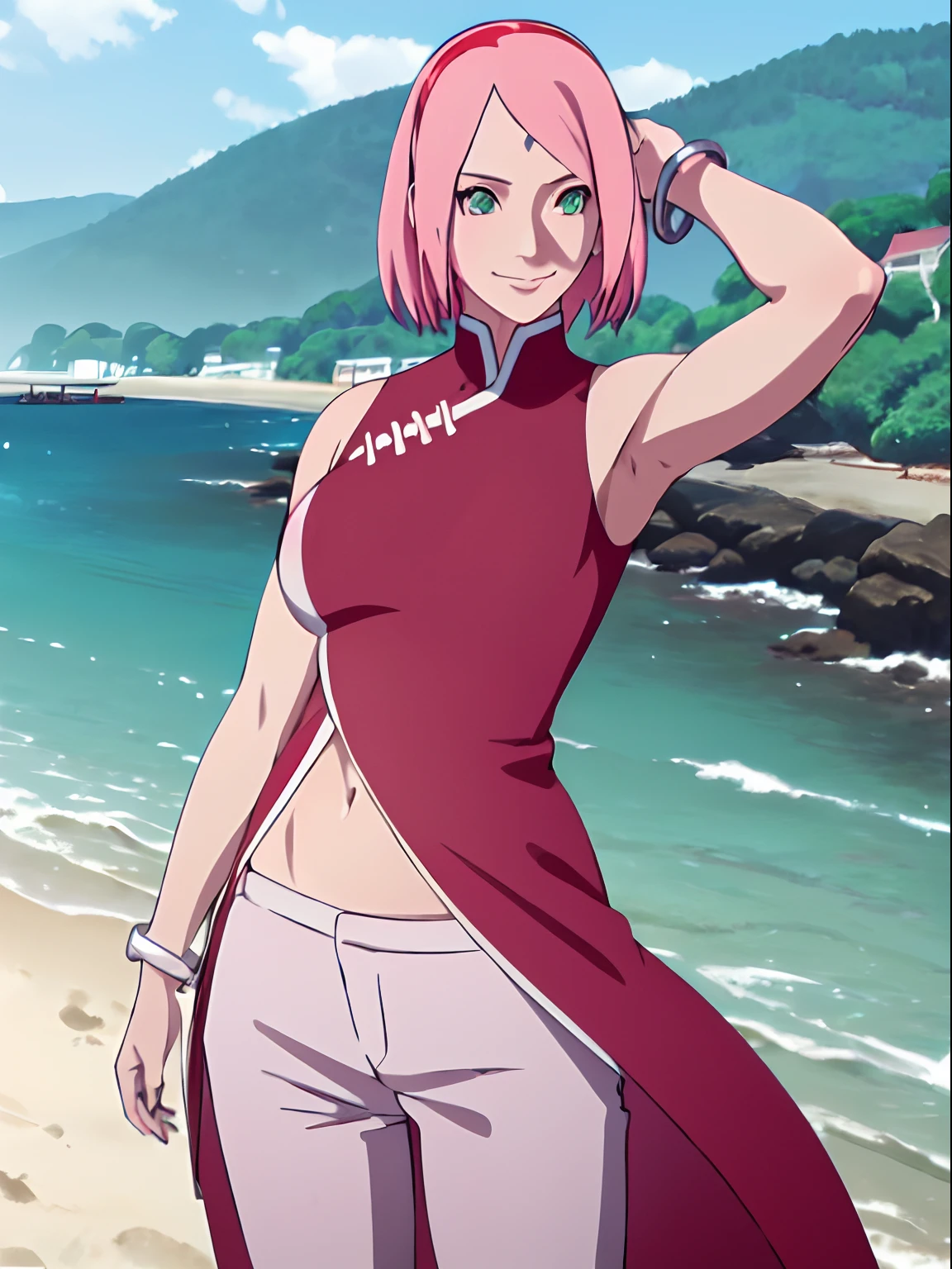 masterpiece, 4k, portrait, face shot, professional artwork, detailed beach background, intricate details, colorful, digital blending, (ultra detailed body, ultra detail hair, ultra detail face), trending on pixiv, kind smile, best quality, anime style: 1.9, 1girl, hires, haruno sakura, (forehead mark, milf, red hairband, pale skin, short hair, ((red sleeveless dress), white pants), (navel, belly button, bracelet, pink hair), smile, beach, wind, floating hair, detailed arms, off-shoulders, broad shoulders, slightly muscular arms, (dirty armpits, armpit pocket), standing)