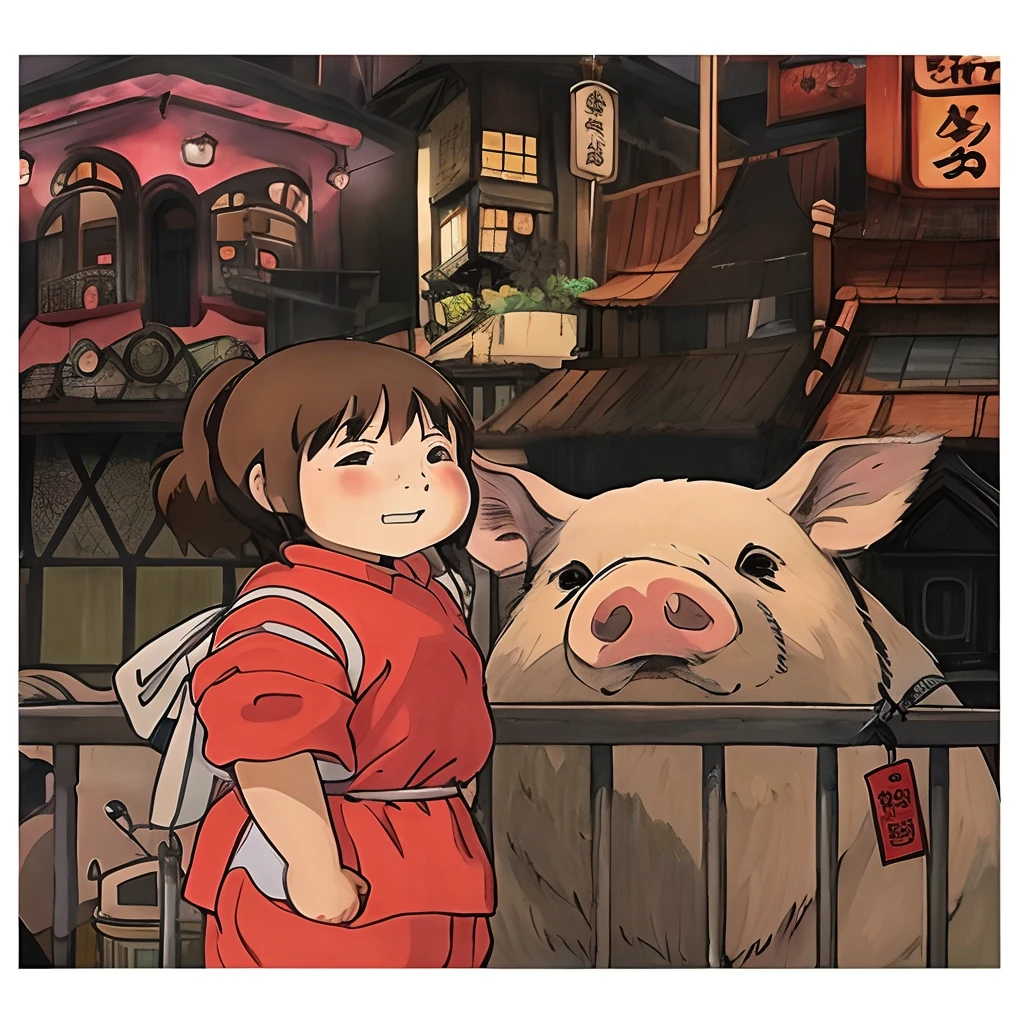 Cartoon photo of a girl standing next to a pig, The atmosphere of Chihiro's Spirited Away, studio ghibli artstyle, in style of hayao miyazaki, ghibli art style, Spirited Away, by Hayao Miyazaki, by Miyazaki, In the style of Studio Ghibli, studio ghibli artstyle, inspired by Satoshi Kon, studio ghibli and shinkai makoto