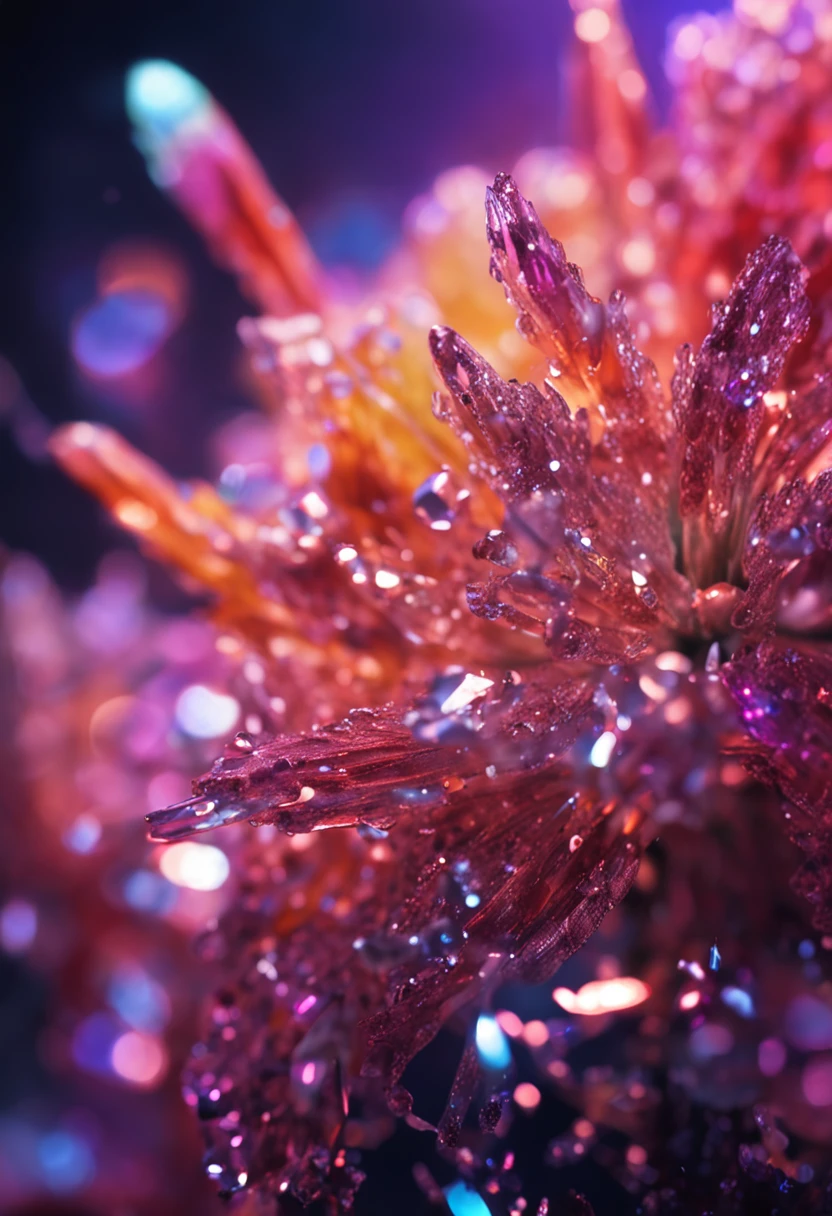 Crystal flowers, fanciful, milky ways, cleanness, Sparkling, Sparkling, Shining, Coloring, magic photography, The lighting is dramatic, Foto realism, ultra - detailed, 4K, depth of fields, A high resolution