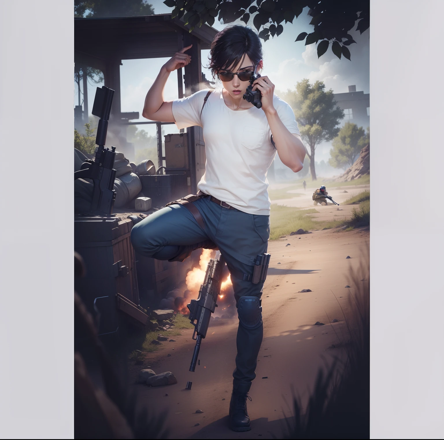 Me holding a gun with background of battlefield with squad
