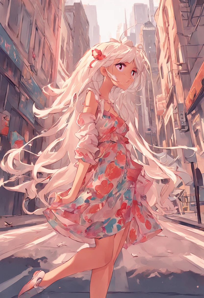 (((Masterpiece, Best Quality, High Resolution))), Cyberpunk slender young girl, White long hair, Full-length in a short dress, is looking at the camera, against the backdrop of the city, white short dress, naked legs, brightness, Masterpiece, Best Quality, 1girl, hiquality, Ultra Detailed, ((lifelike skin)), ((realistic face)),(illustartion:1.05), (Beautiful:1.05), (beautiful detail eyes:1.05), Form-fitting silhouette, Slim, small breasts, White and Pink Clothing. Faraway view. full-length photo, The wind lifts the dress, Smile, 1 girl