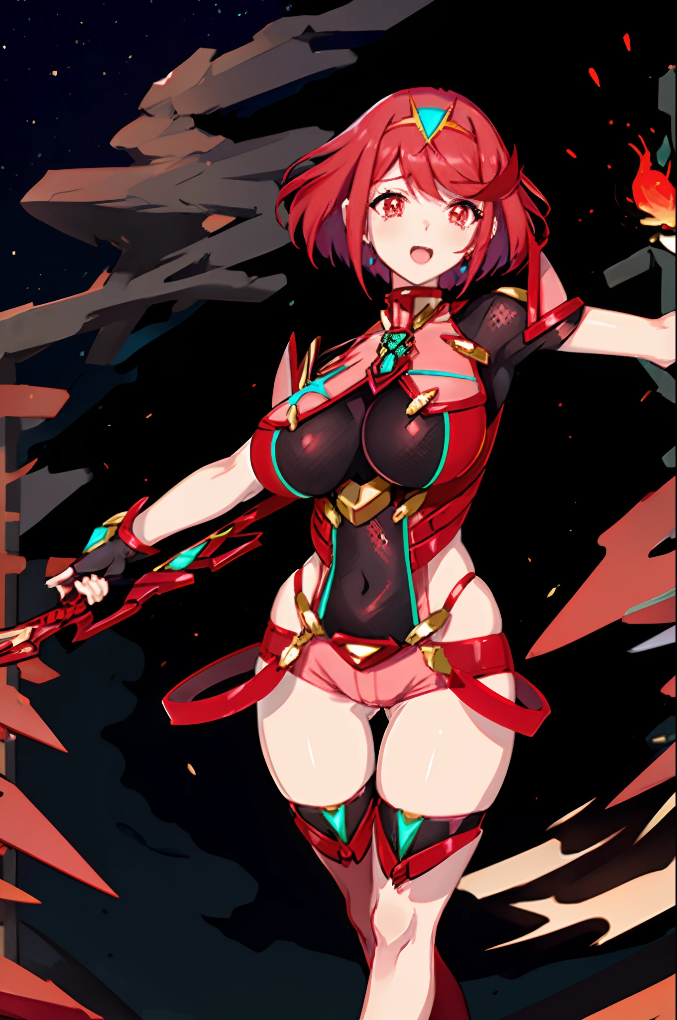 pyra \(xenoblade\), _1girl, loliarmor, bangs, black gloves, breasts, red eyes, closed mouth, earrings, eyelashes, fingerless gloves, floating hair, framed breasts, gem, gloves, hair ornament, headpiece, jewelry, big_breasts, leaning back, leotard, neon trim, official art, pose, red hair, red shorts, saitou masatsugu, short hair, short shorts, short sleeves, shorts, sidelocks, skin tight, solo, standing, swept bangs, thighhighs, tiara, night_prairie_background, turtleneck, underbust, vambraces, xenoblade chronicles \(series\), (xenoblade chronicles 2), apart_legs, fire_effect,dynamic_pose,fighting,light_smile, (plump:1.1), big_ass,huge_sword, hold_large_sword_hilt, solo, covered_nipples, covered_pussy,open_mouth,back_view, fists,