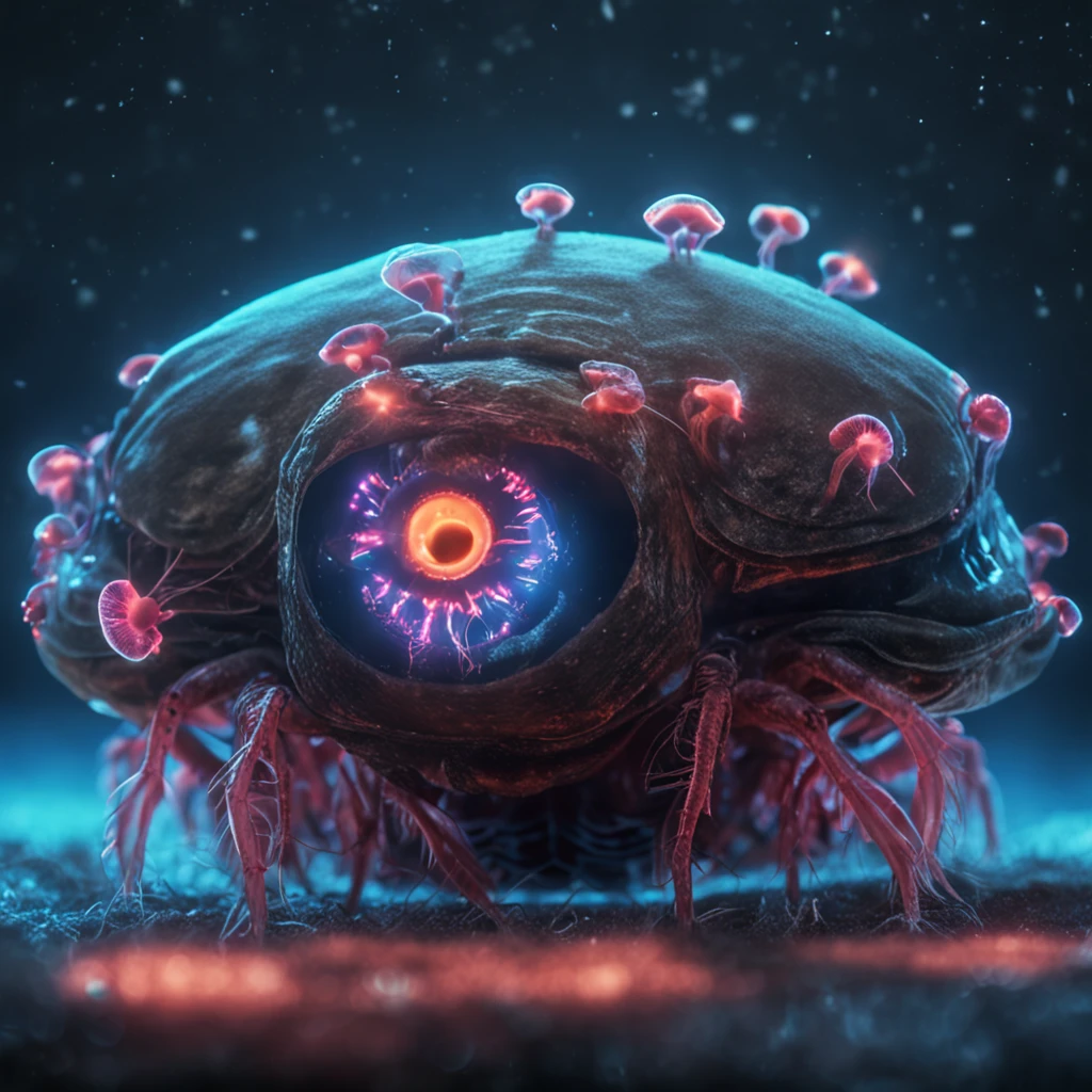 (klein:1.3, Hirngespinst:1.2) Wunderbare Biolumineszenz-Fadenkreaturen in einem dunklen Hintergrund, mit sichtbarem Lichtspektrum und inspiriert von Shih Chieh Huang. Big eyes should be emphasized.