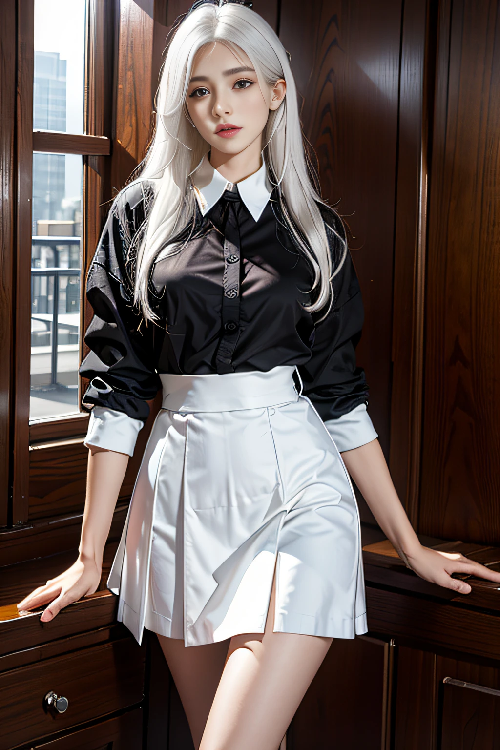 Photorealistic, high resolution, 1womanl, Solo, Hips up, view the viewer, (Detailed face), White hair, Long hair, school uniform, Skirt