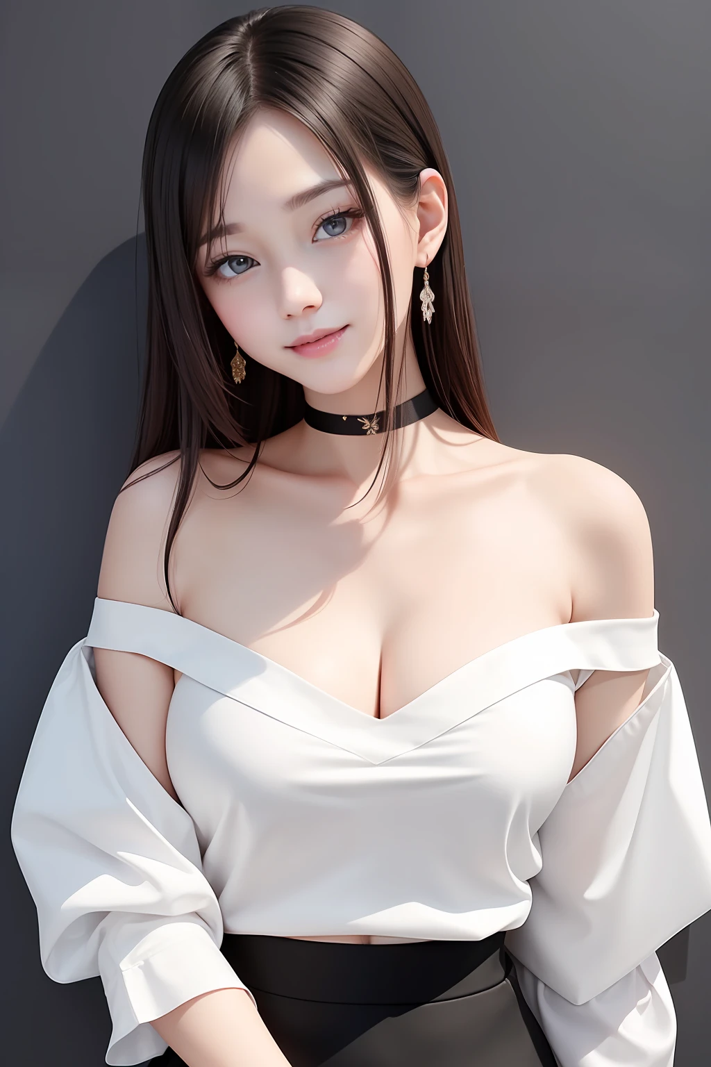 top-quality, 超A high resolution, (Photorealsitic:1.4), 女の子1人, ((Off-shoulder white shirt)), (Black tight skirt), Black Choker, (Faded brown hair:1), (Ideal female body shape), (Shallow cleavage), ((I'm standing and taking a selfie with my phone)), a closeup,