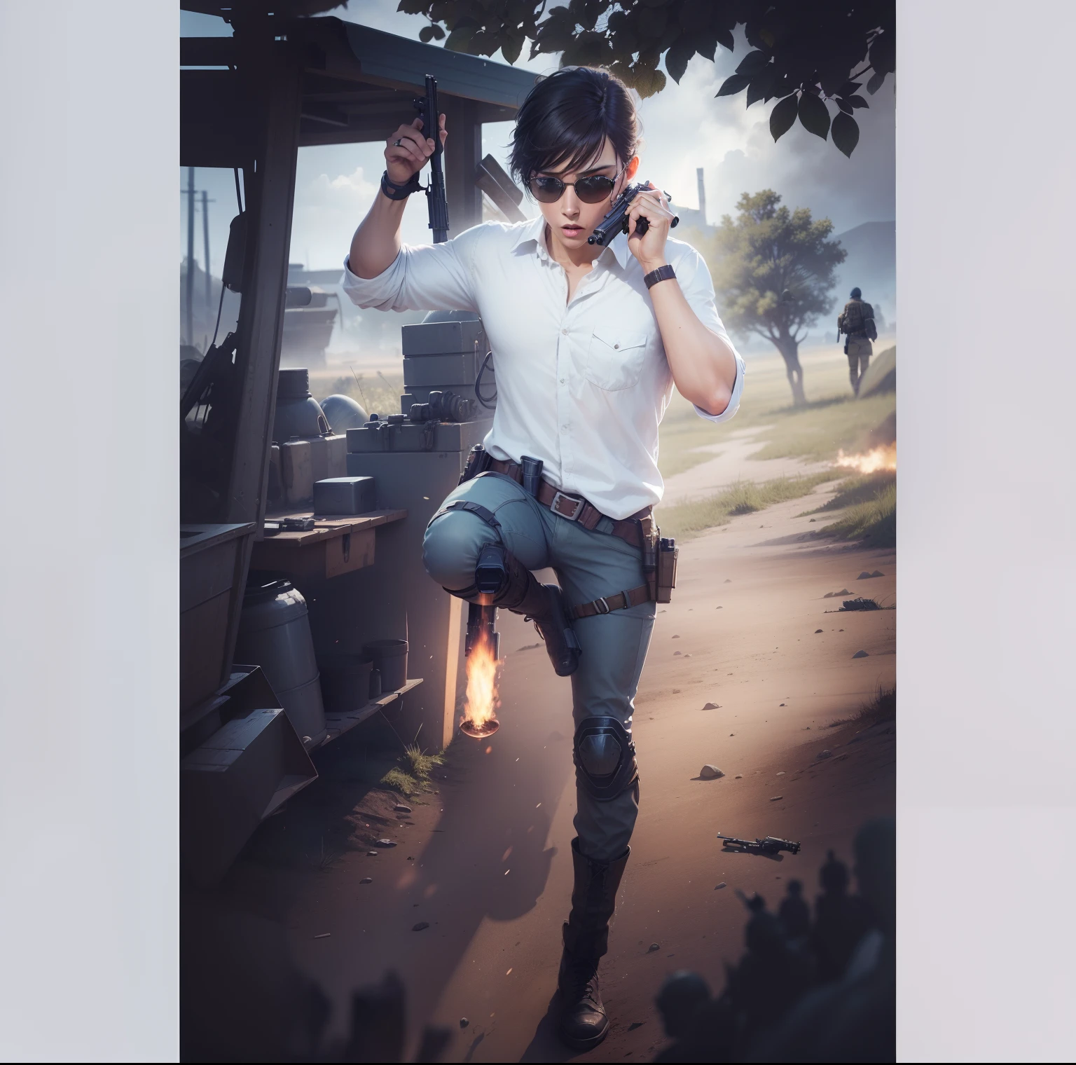 Me holding a gun with background of battlefield with squad