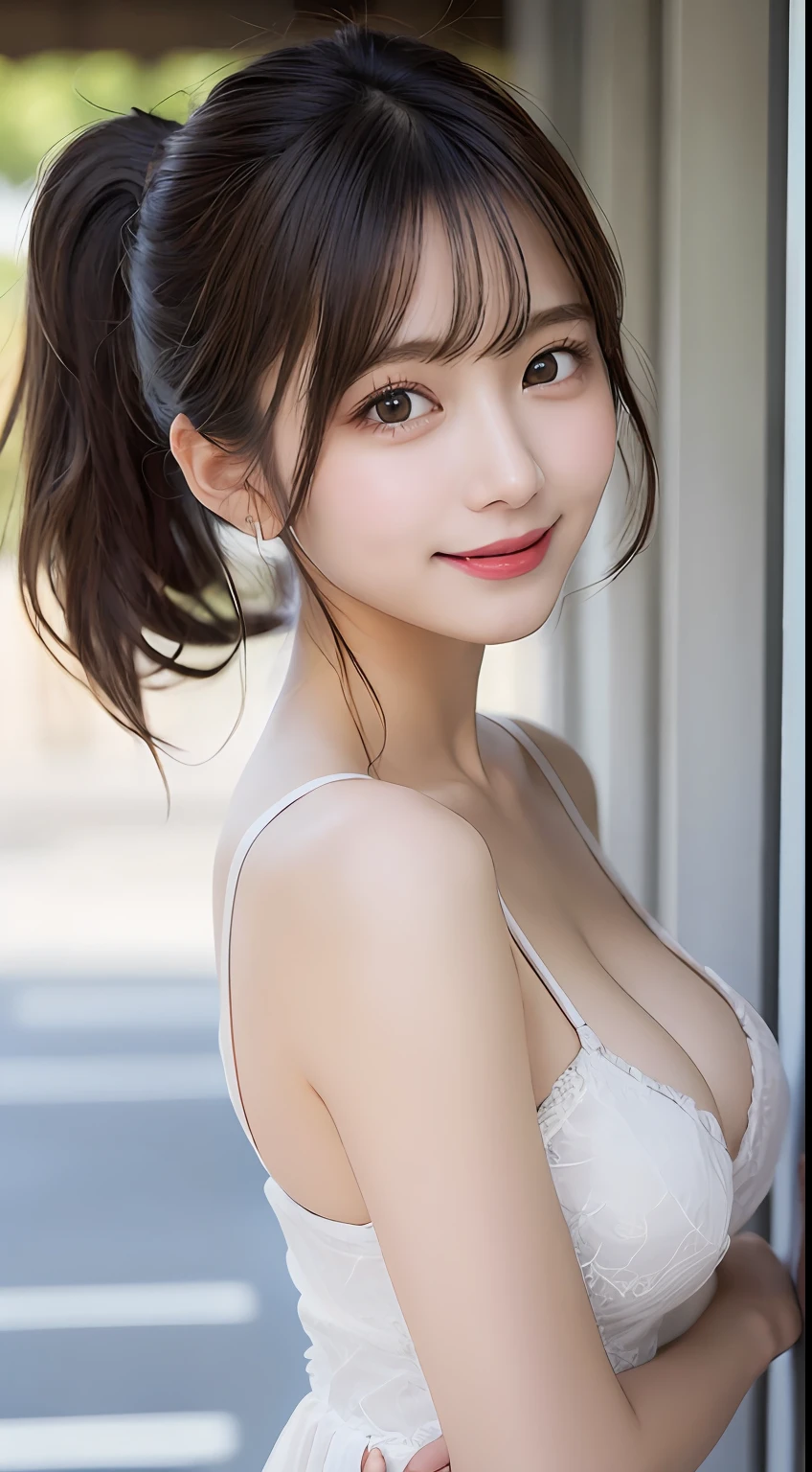 masutepiece, Best Quality, Illustration, Ultra-detailed, finely detail, hight resolution, 8K Wallpaper, Perfect dynamic composition, Beautiful detailed eyes, Women's Fashion Summer,Ponytail Hair,Small breasts natural color lip, Bold sexy poses,Smile,Harajuku、20 years girl、Cute、Sexy shot looking at camera