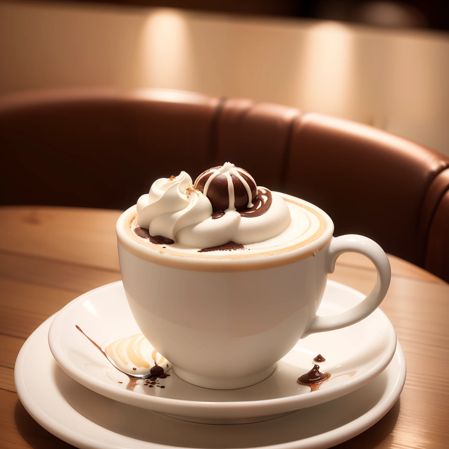 Generate images of delicious-looking chocolate café au lait。Fruity latte art and fluffy milk foam、Warm café、Super Detail 8kCG、masterpiece、hightquality、top-quality、foodphoto、raw photo