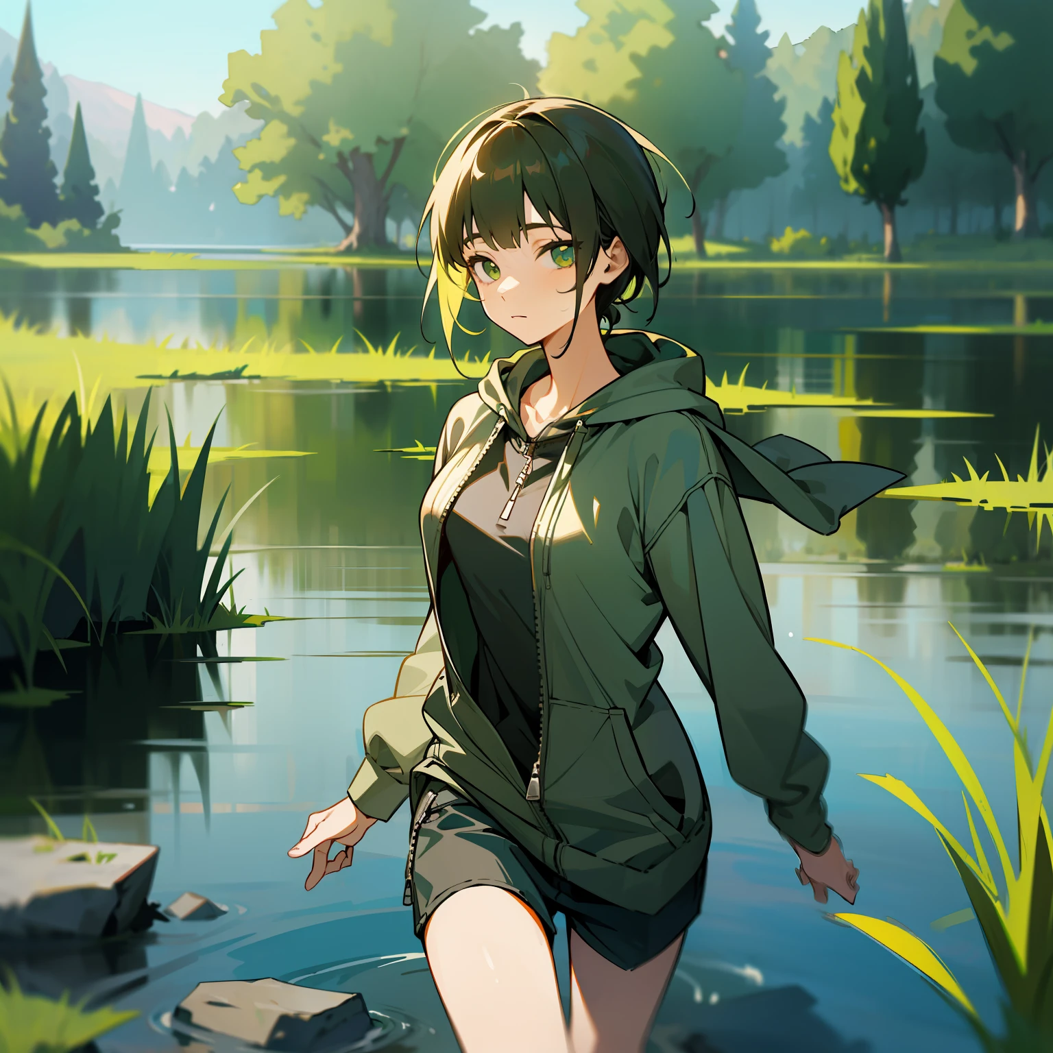 mksks style, (very detailed background:1.0), (highly detailed background:1.0), 1girl, full_body, looking_at_viewer, hoodie, partially_unzipped, masterpiece, best quality, (1boy, solo, boy:1.2), lake, grass, walking on water, jumping, stone ruins, chromatic aberration, depth of field, soft lighting