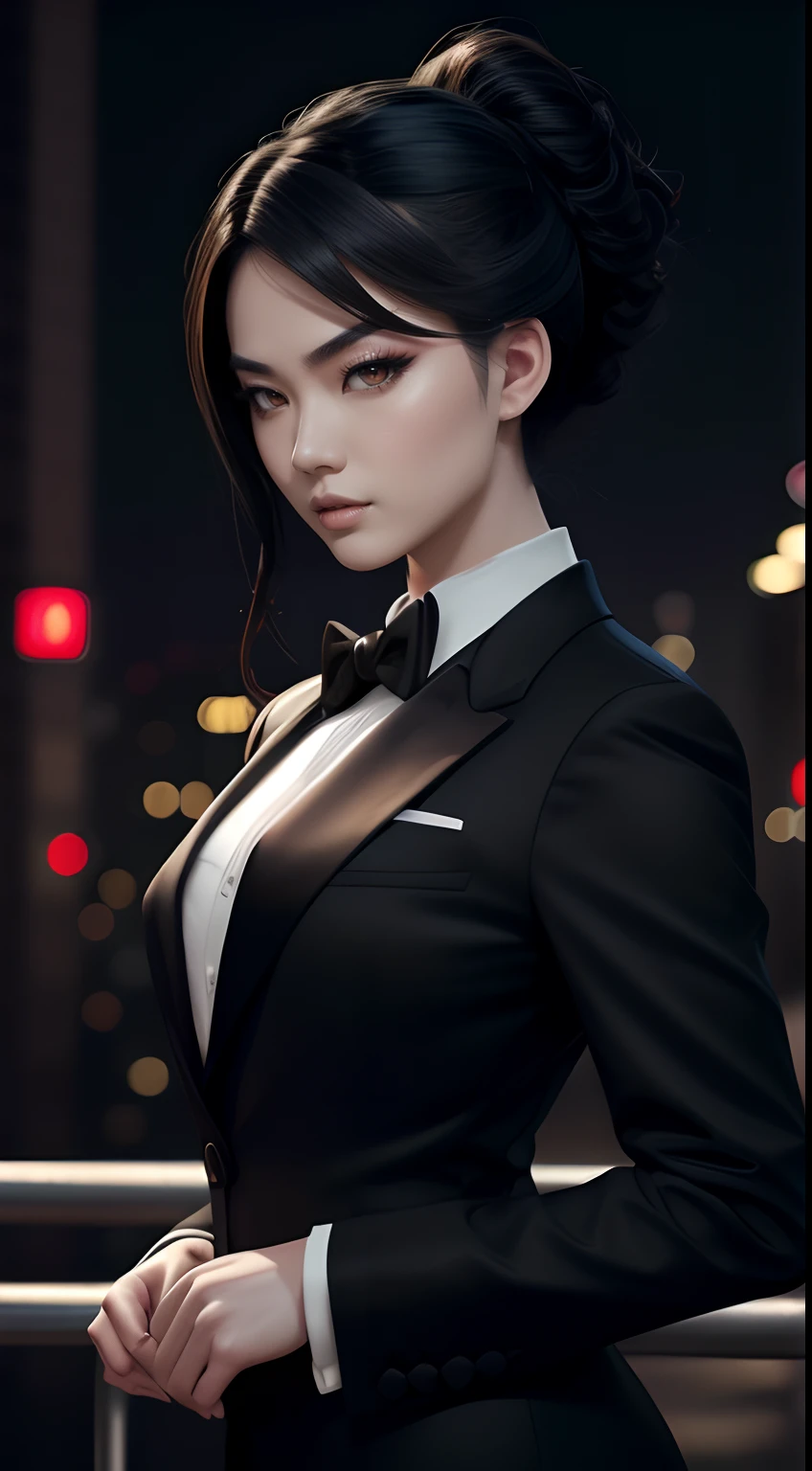 (A beautiful 25 years old Asian Hitwoman), (wolfcut black hair), (pale skin), (serious face), (wearing black and white formal tuxedo), (city at night background), view from front, waist up shot, dynamic pose, ambient lighting, photo realism, intricate face detail, intricate hand details, highly detailed, vibrant colors, cinematic, high definition, trending on Artstation--style raw