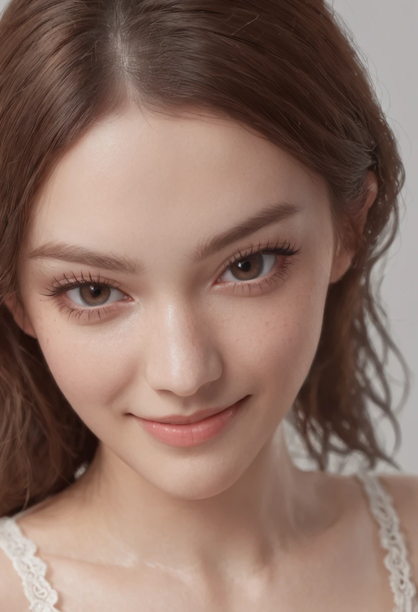 Smile,(Big:1.4),Ultra realistic face,Symmetrical face,((White lingerie))),19 years old,((Masterpiece, Best Quality, 8K, Absurd:1.4)), stunning, Beautiful girl, Face light,Big breasts, Cleavage, Small bra, View Viewer, High Definition, (Dutch angle, perspective, depth of field: 0.8), Ultra detail, Detailed face and skin, Gentle eyes,Detailed eyes, double eyelids, brown hair, freckles, 20 years old, ((thigh: 1.3)),