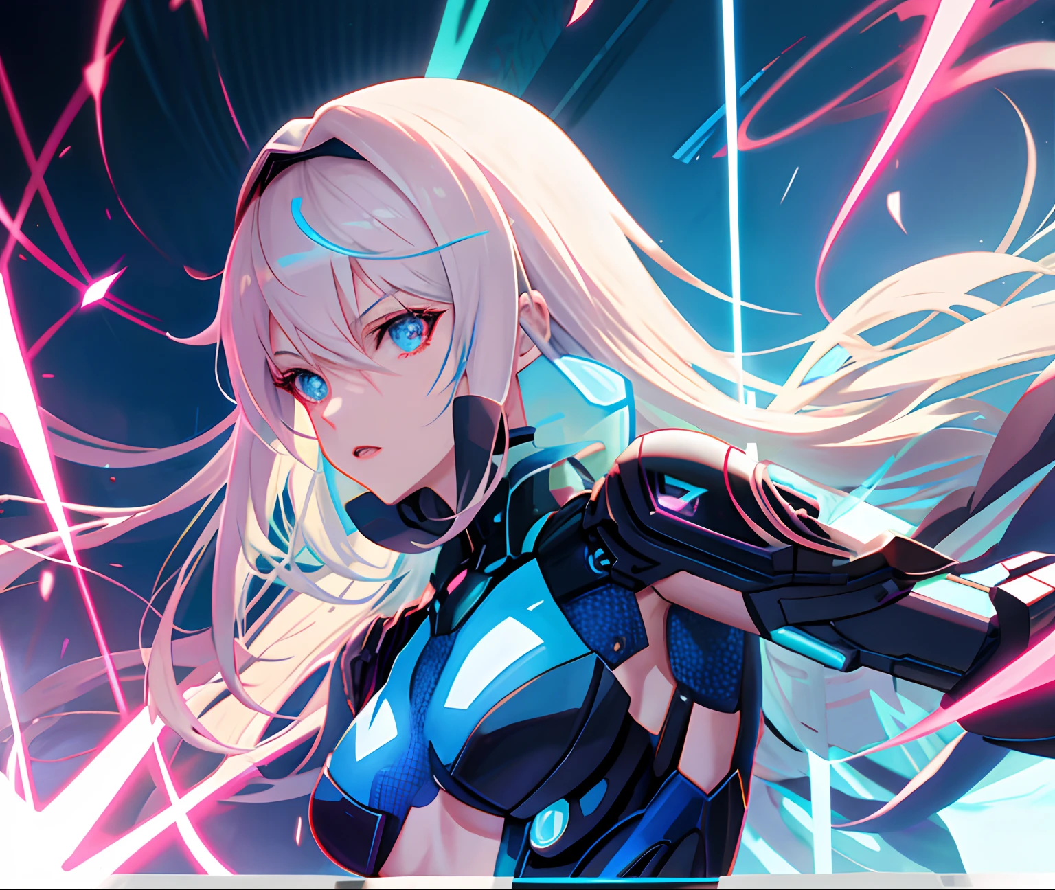 Anime characters with futuristic bodies and futuristic ideas, cushart kenz, chest up bust shot, Bust Up Shot, 8k no blur, 2b, 2 b, an oppai cyberpunk, laser wip, Splash screen, Bust, promo art, blueshift render, hd screenshot, frostbite 3 rendered, Blue light shines, stylistic blur, pc screenshot