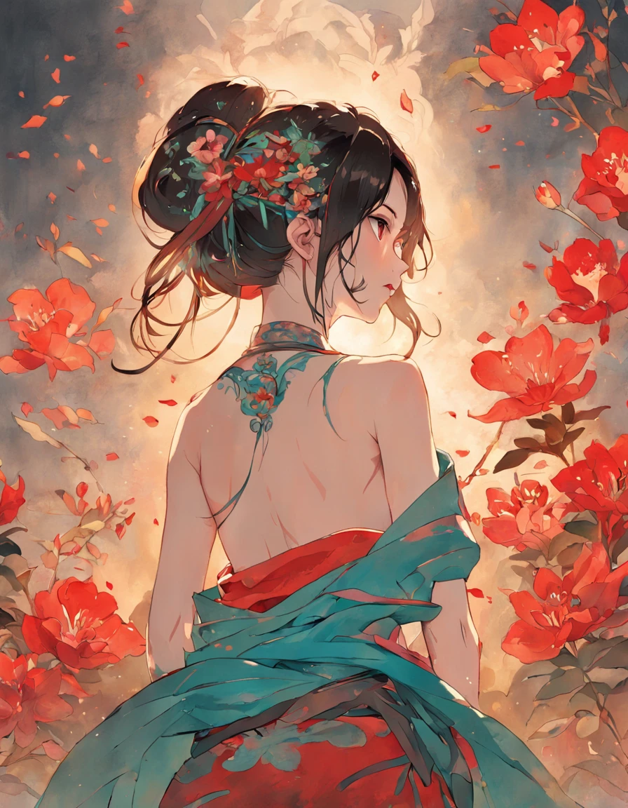 Ancient China had a woman's back, back of head，Expose the back and waist，above waist，There is a flower tattoo on the bare back，Red and blue-green flowers, Recline on the bed，ukiyo-style, Guviz-style artwork, Guviz, Alphonse mucha and rossdraws, A beautiful artwork illustration, By Li Song, by Yang J, author：Zou Zhe, By Zeng Jing, by Ye Xin, author：Shitao, author：Zhou Fang, korean art nouveau anime
