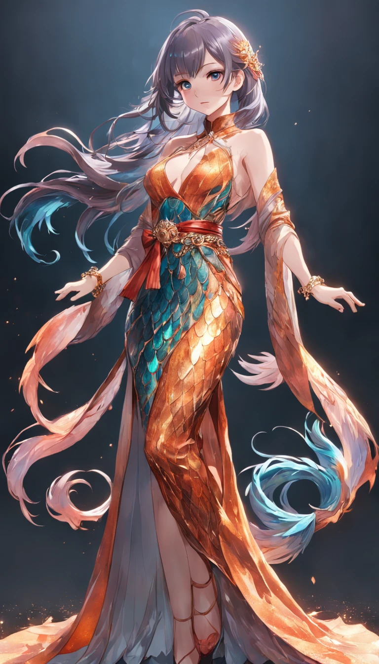 1 beautiful woman、Full body standing painting、独奏，Game character costume design，Gorgeous long dress、Multi-layered fish scale sequins，Metal waist chain，high detal，cinematic colorgrade，Ultra photo realsisim，Transparent background，white backgrounid，超高分辨率，Sharp focus，tmasterpiece，hdr，8K，（The is very detailed的 CG unified 8k 壁纸）