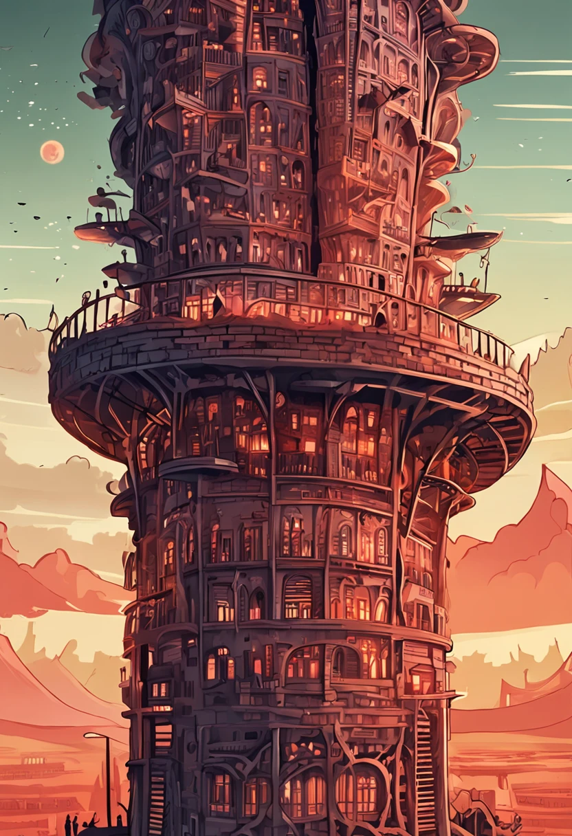 An awe-inspiring illustration of the mythical Babel Tower, showcasing intricate details and breathtaking craftsmanship. The tower stands tall against a vibrant sunset sky, casting a mesmerizing shadow upon the bustling city below. The scene is imbued with a sense of wonder and grandeur, capturing the essence of human ambition and unity