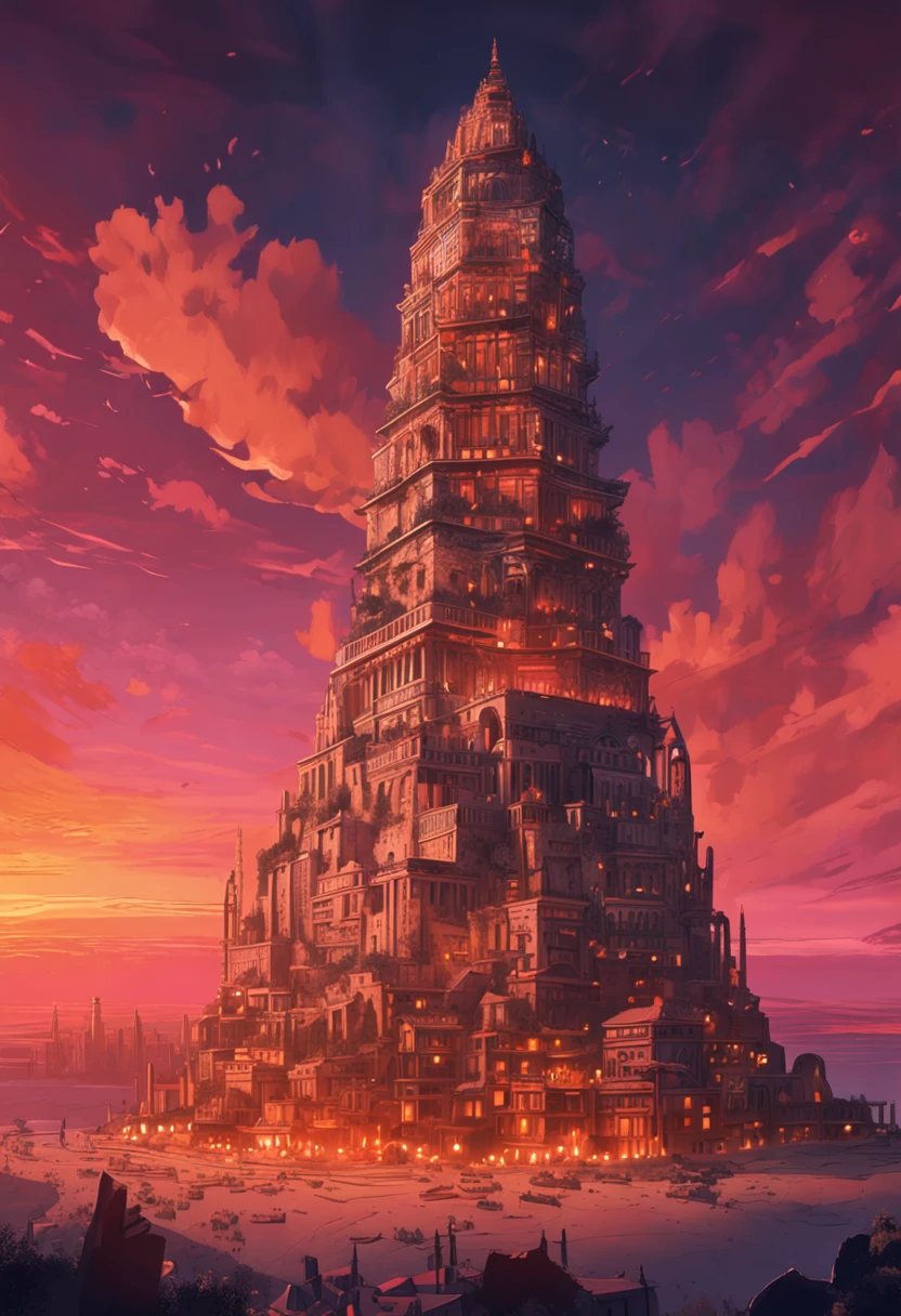 An awe-inspiring illustration of the mythical Babel Tower, showcasing intricate details and breathtaking craftsmanship. The tower stands tall against a vibrant sunset sky, casting a mesmerizing shadow upon the bustling city below. The scene is imbued with a sense of wonder and grandeur, capturing the essence of human ambition and unity