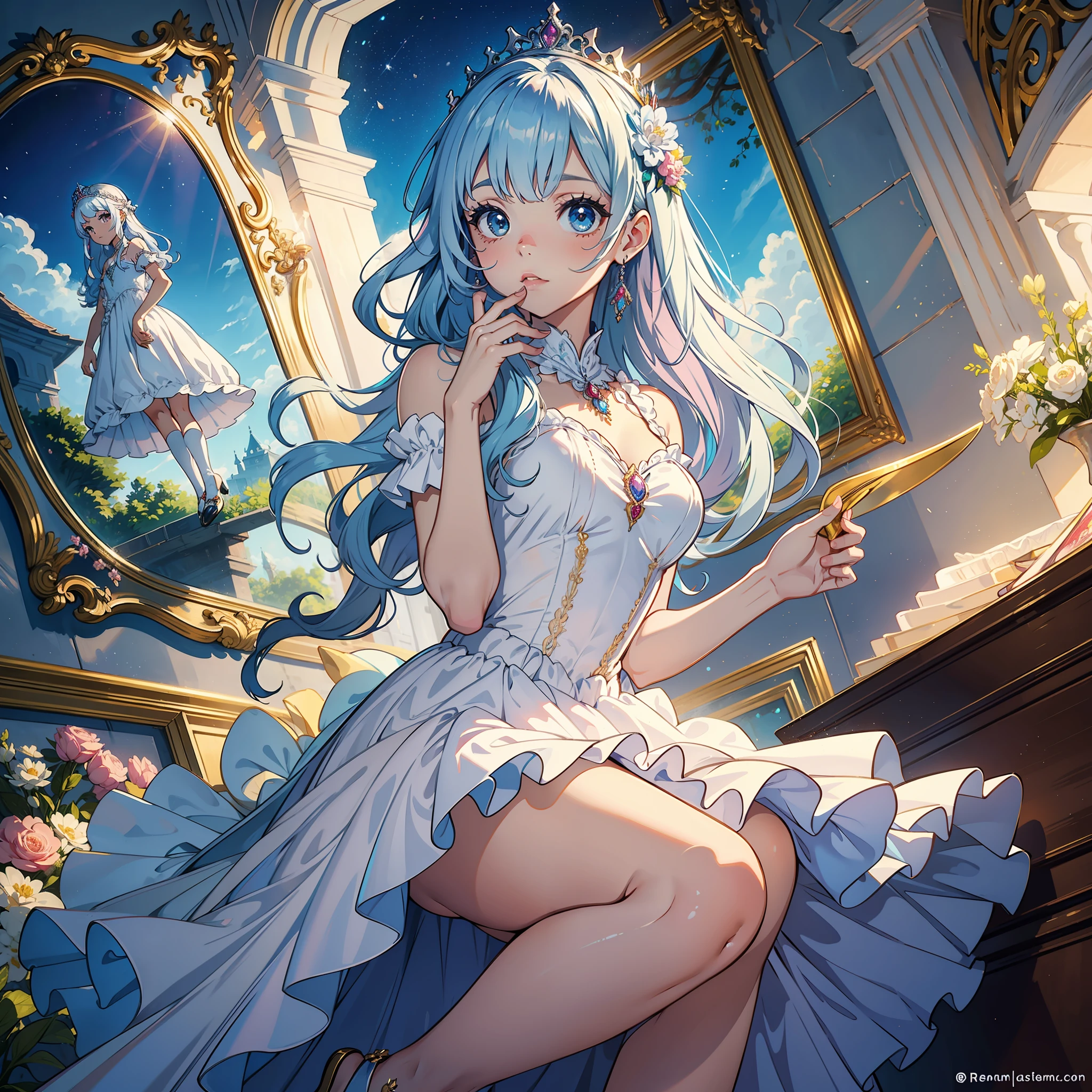 Uma princesa renascentista com um vestido de princesa e uma coroa em um castelo renascentista com pinturas e esculturas. (Estilo: renascentista)