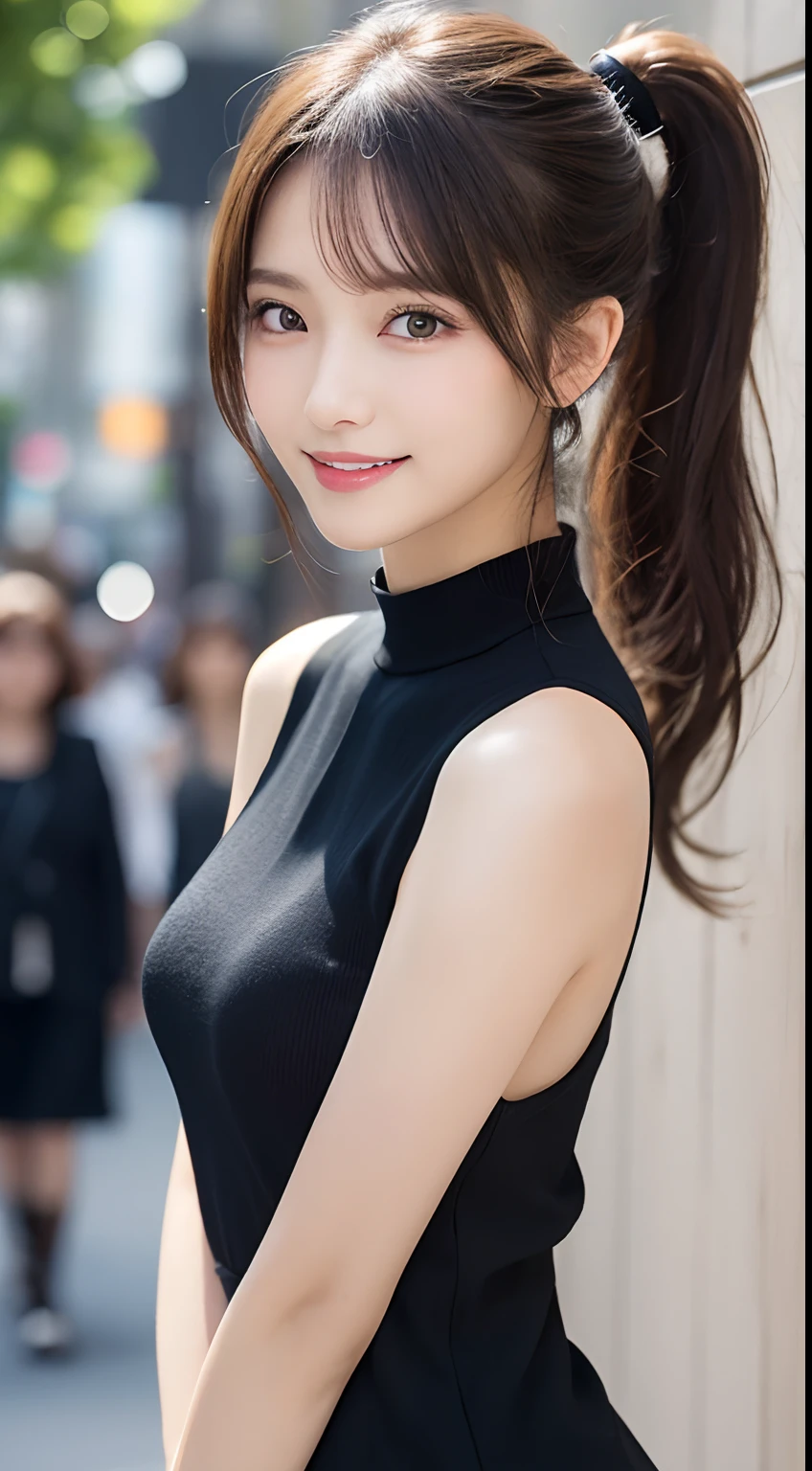 masutepiece, Best Quality, Illustration, Ultra-detailed, finely detail, hight resolution, 8K Wallpaper, Perfect dynamic composition, Beautiful detailed eyes, Women's Fashion Summer,Ponytail Hair,Small breasts natural color lip, Bold sexy poses,Smile,Harajuku、20 years girl、Cute、Sexy shot looking at camera