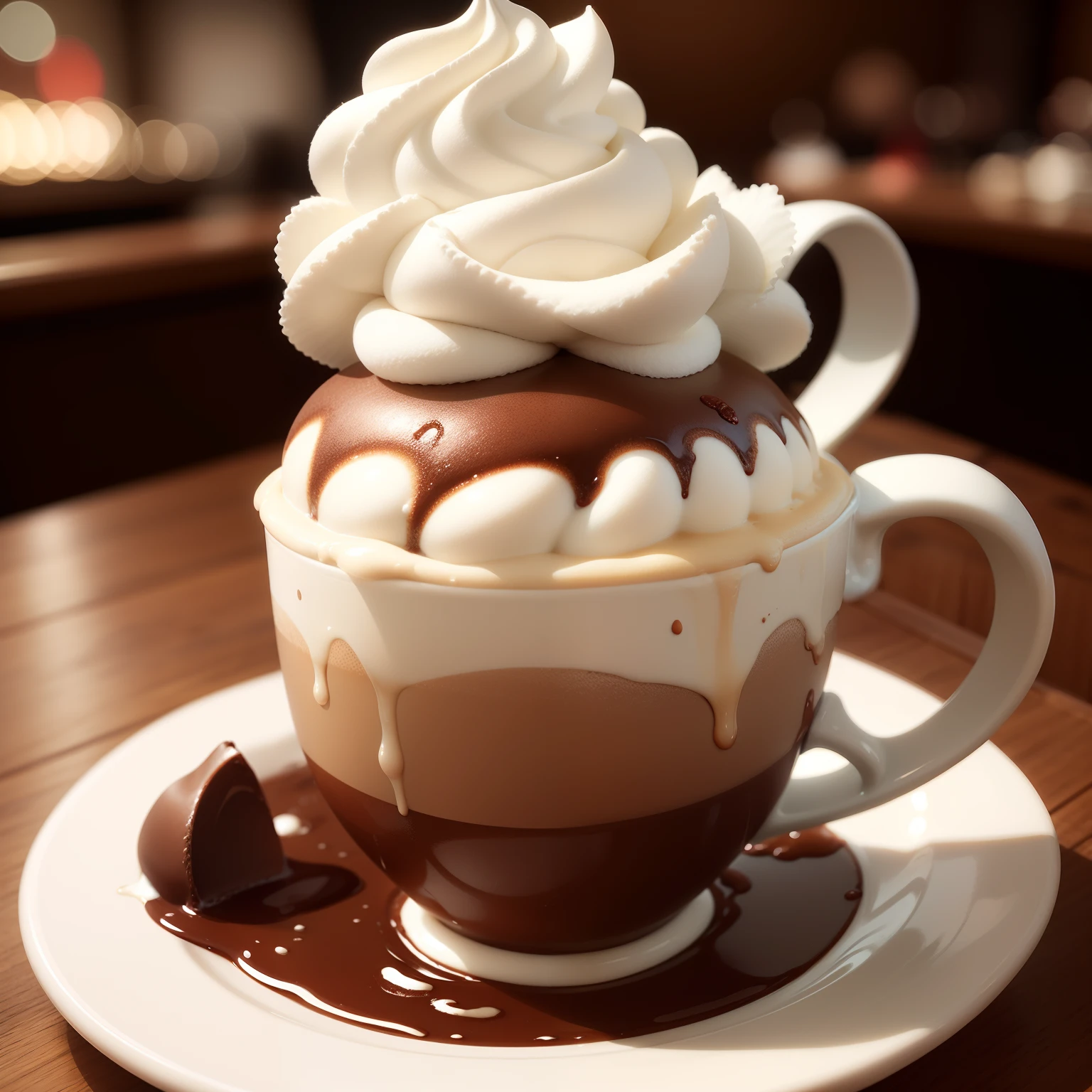 Generate images of delicious-looking chocolate café au lait。Fruity latte art and fluffy milk foam、Warm café、Super Detail 8kCG、masterpiece、hightquality、top-quality、foodphoto、raw photo