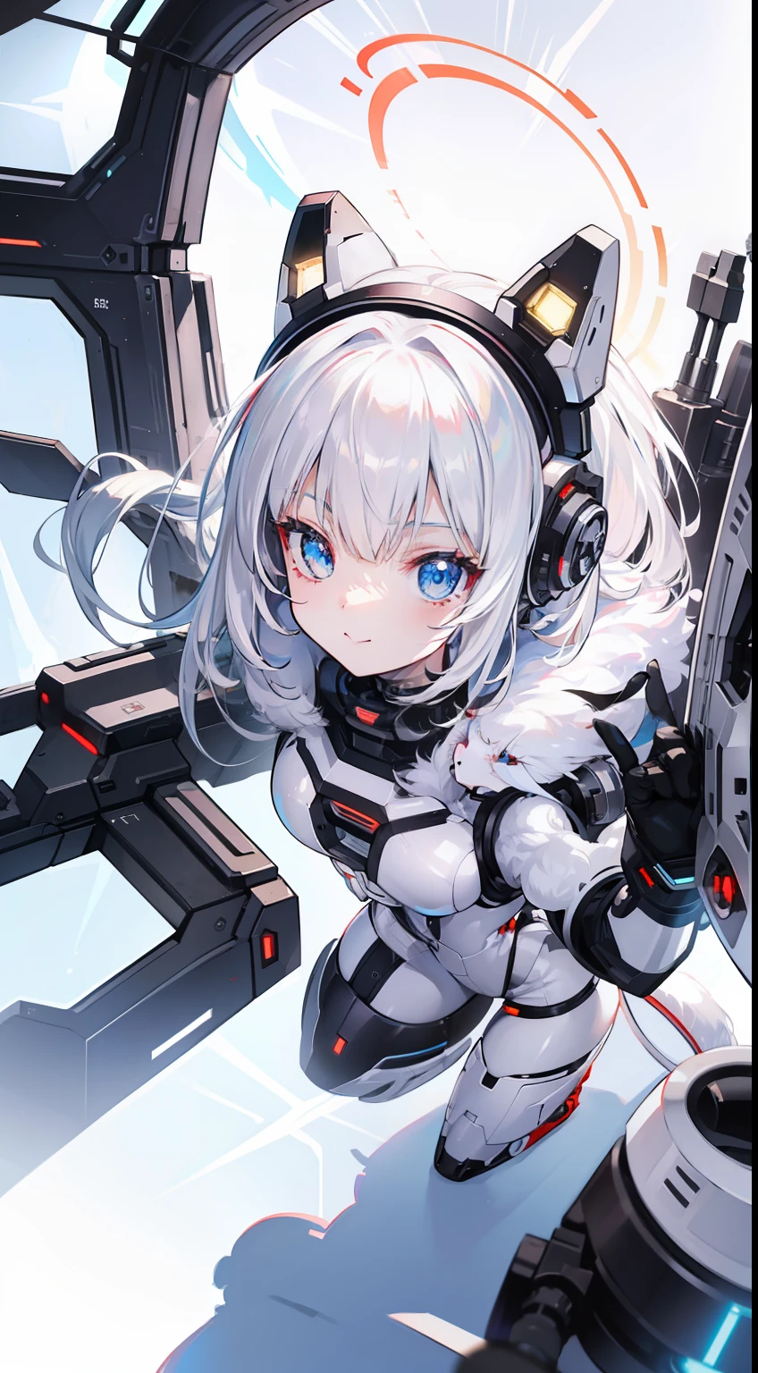 A cute metallic white fur kitten，(Cyborg:1.1)，([Tail|detailed wire]:1.3)，(complexdetails)，hdr，(complexdetails，ultra - detailed:1.2)，Cinema lenses，Halo shadow，at centre，White-haired kitten！！！，red colour，ssmile，Funny，crystal，brightly，shaggy，