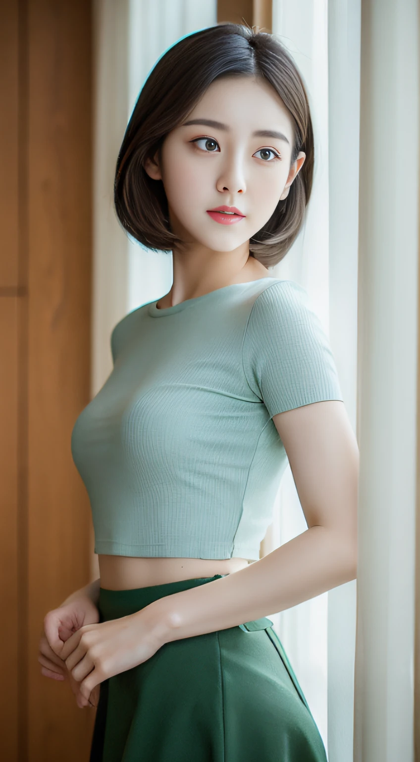 One wears tight short sleeves,Woman in tight skirt posing for a photo,A photograph inspired by Ma Yuanyu,Tumblr,hentail realism,dilraba dilmurat,beautiful Korean women,Korean girls,cute korean actress,Beautiful Korean young woman,gorgeous korean young woman,Young and cute Korean face,Kim Young-hin,ruan jia beautiful!,Korean female fashion model