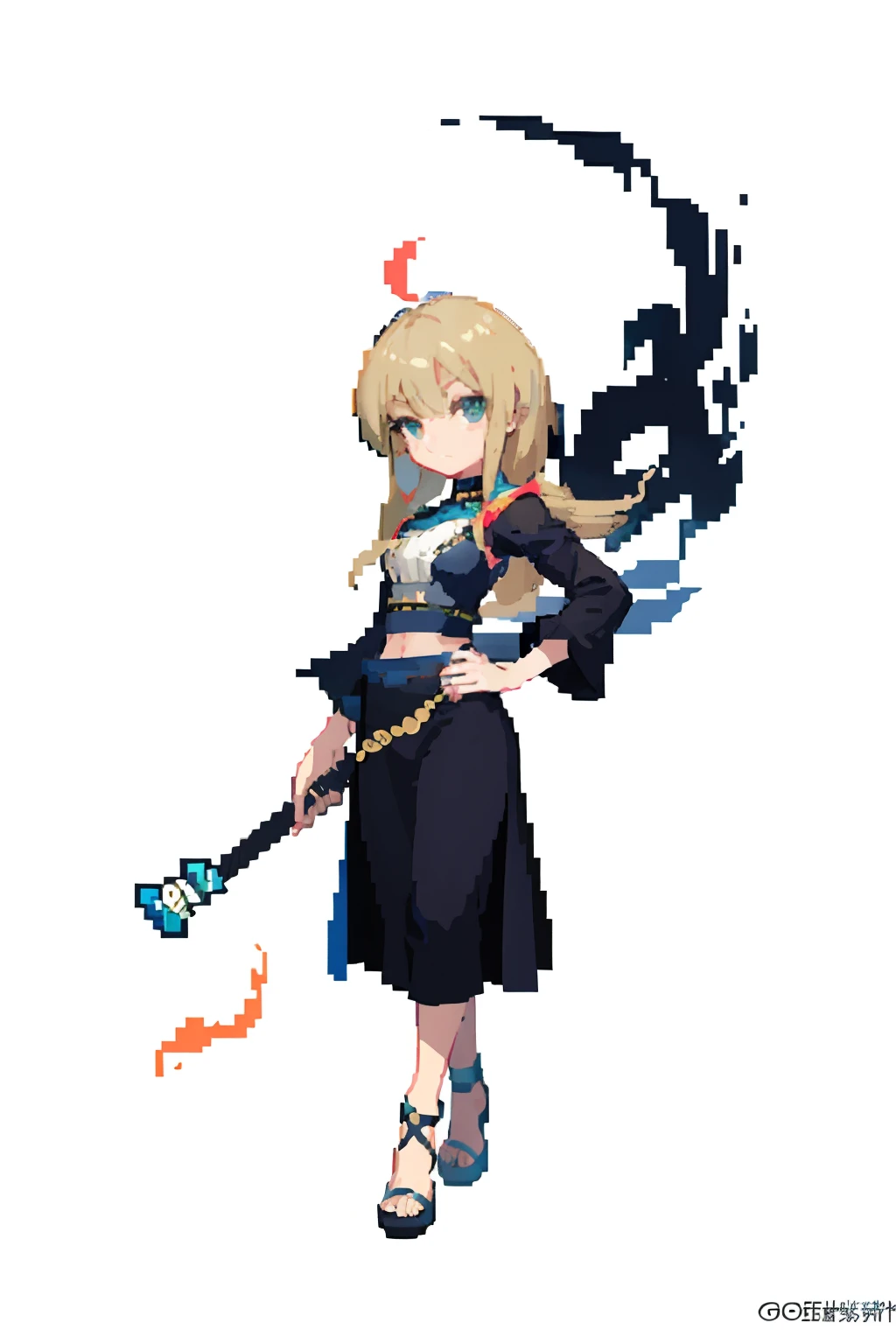 masterpiece, top quality, best quality), pixel,pixel art, 1 girl, smoky hair, black alibaba, arabian, black clothes, safari, fullbody, no background