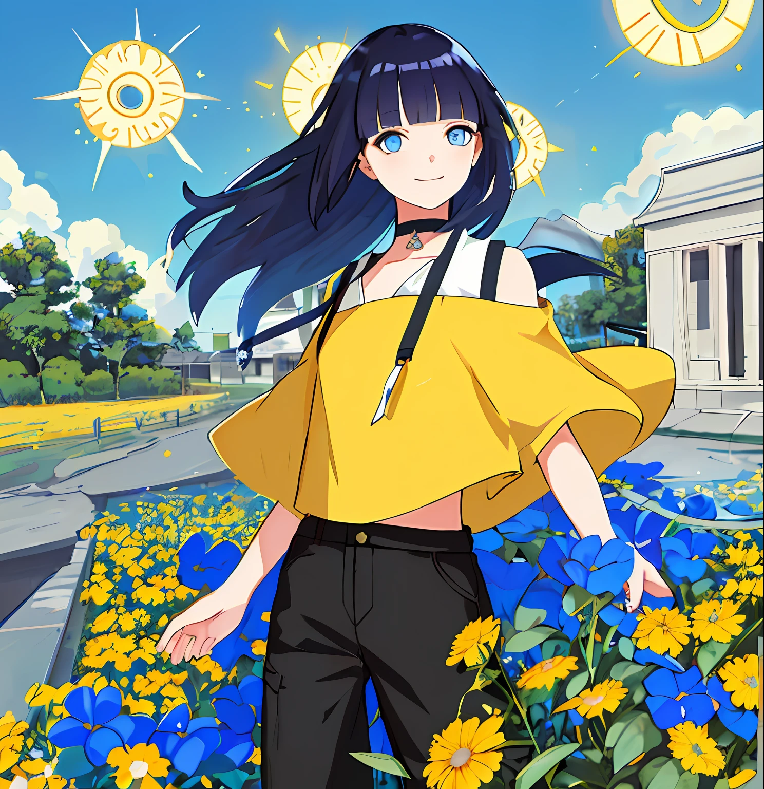 (high-quality, breathtaking),(expressive eyes, perfect face), short, young girl, long dark blue hair, blue eyes, smiling, white crop top, long black pants, choker, urban setting, sunshine, blue sky, shine, glow, yellow flowers, blunt bangs, himawari uzumaki, long hair.