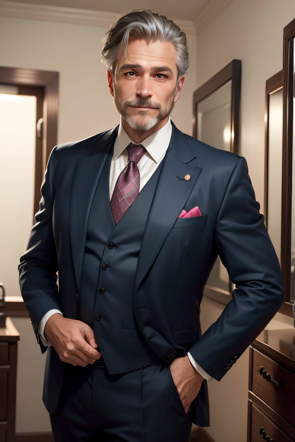 A middle-aged man dressed a little old，But neat suit，Roses in his mouth，Looking at the mirror, he carefully sorted out his hairstyle, although he was middle-aged，But with the blessing of appearance，But it exudes a unique mature charm，Especially the somewhat smile on the corners of his mouth