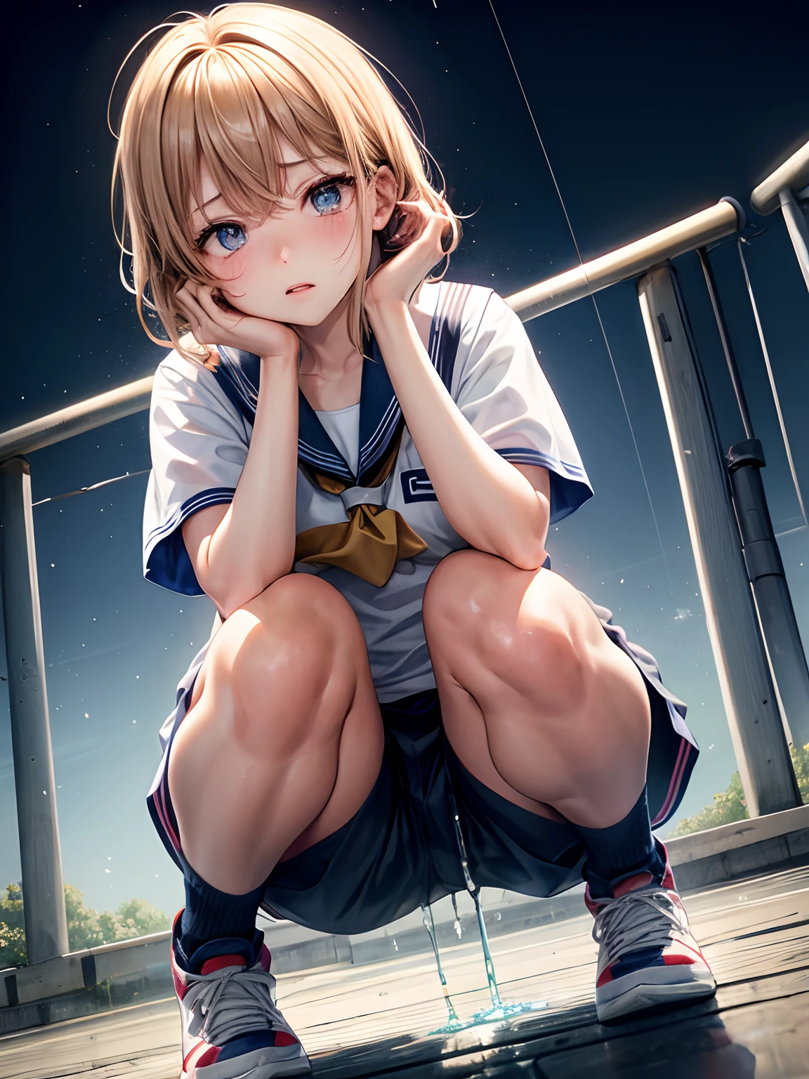 lighting like a movie、top-quality、pupils、running shorts、squatting and opening legs、embarrassed from、Clear liquid leaks from the crotch、schoolyard、