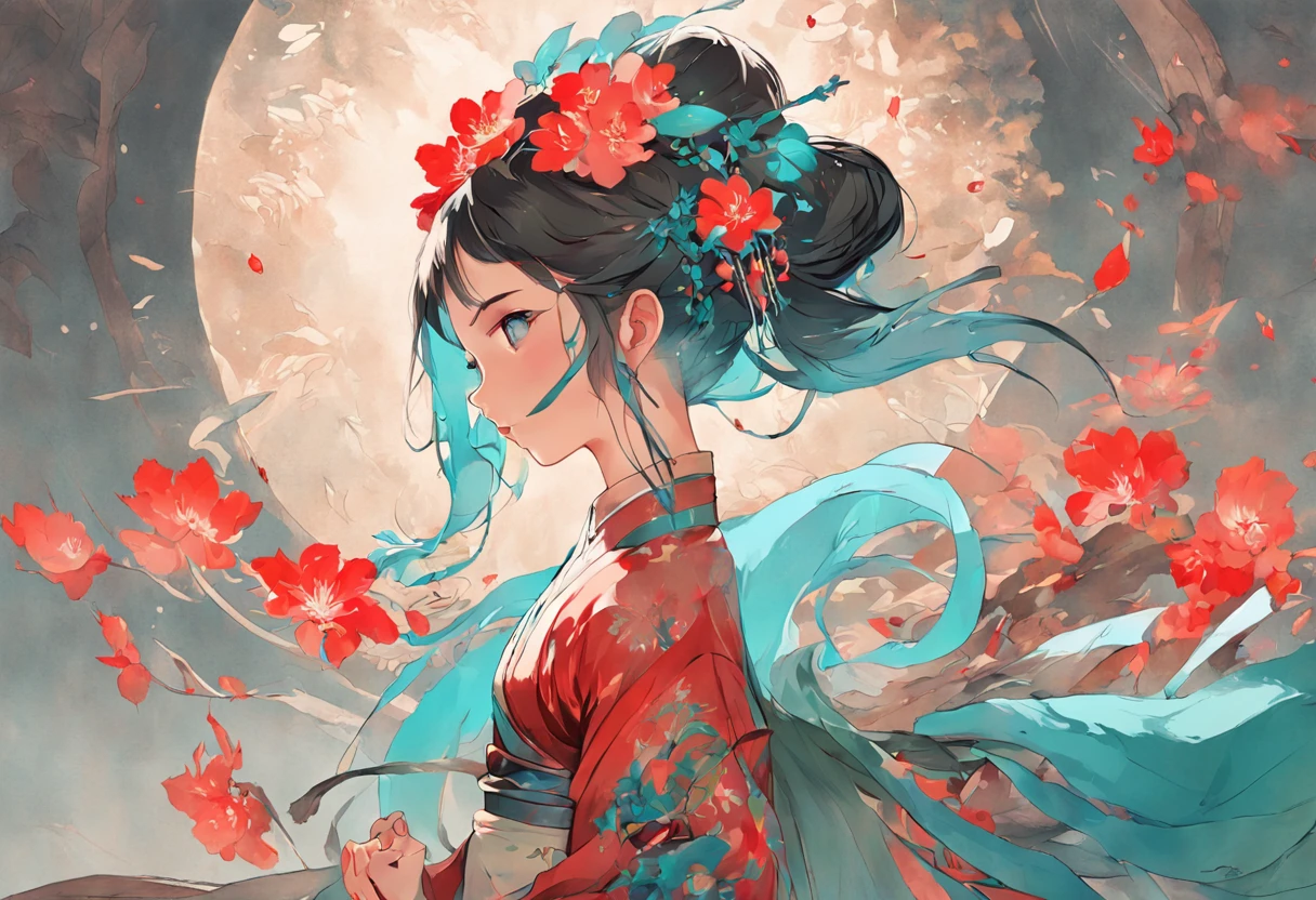 There was a woman in ancient China, beautiful postures,Bare back,There are tattoos on the bare shoulders,Red and blue-green flowers, ukiyo-style, Guviz-style artwork, Guviz, Alphonse mucha and rossdraws, A beautiful artwork illustration, By Li Song, by Yang J, author:Zou Zhe, By Zeng Jing, by Ye Xin, author:Shitao, author:Zhou Fang, korean art nouveau anime