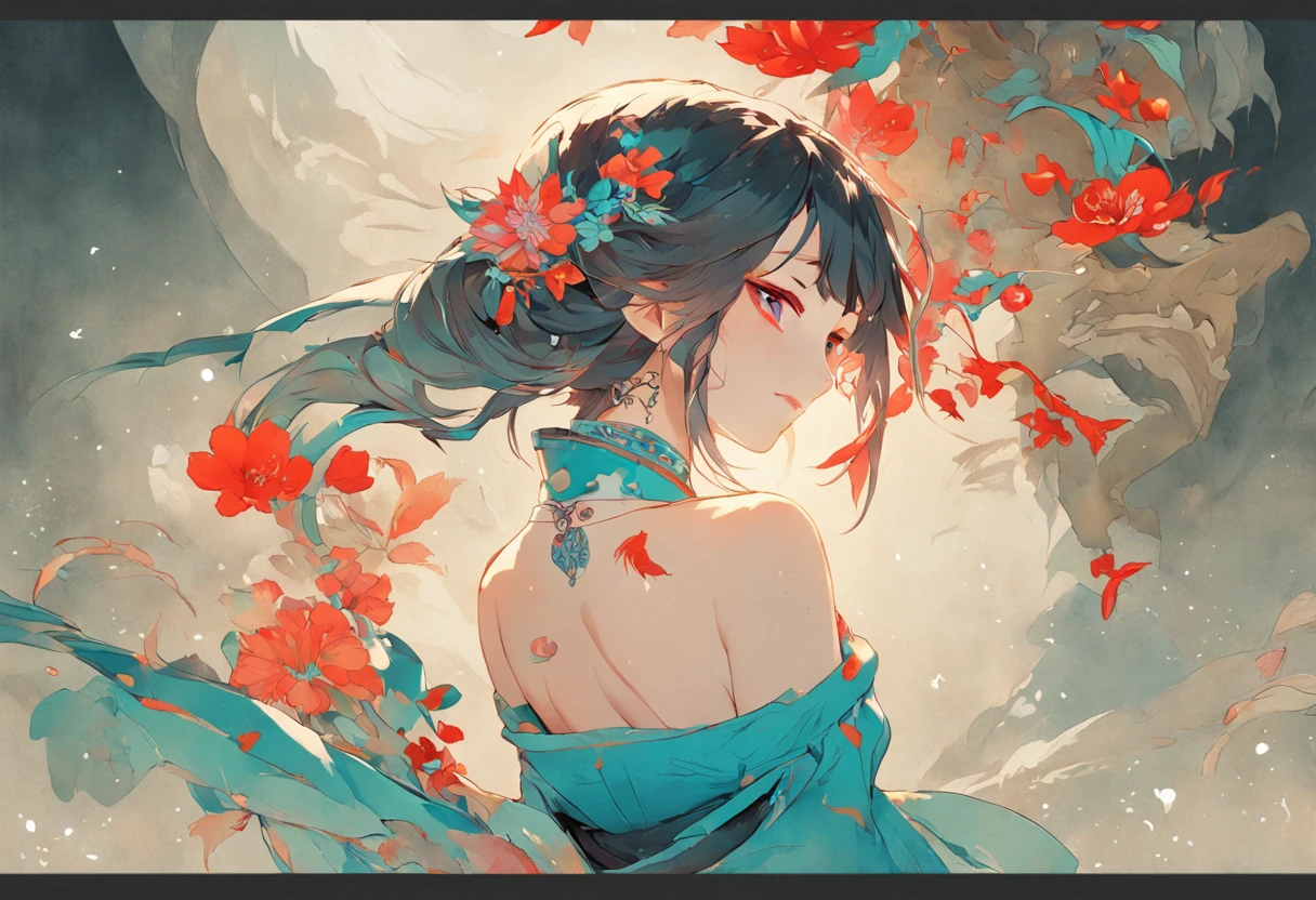 There was a woman in ancient China, beautiful postures，Bare back，There are tattoos on the bare shoulders，Red and blue-green flowers, ukiyo-style, Guviz-style artwork, Guviz, Alphonse mucha and rossdraws, A beautiful artwork illustration, By Li Song, by Yang J, author：Zou Zhe, By Zeng Jing, by Ye Xin, author：Shitao, author：Zhou Fang, korean art nouveau anime