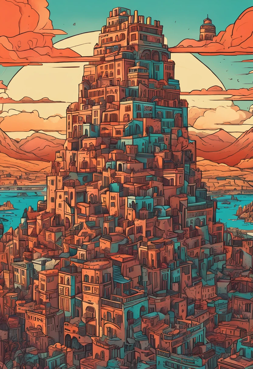 Awesome illustration of the fabulous Tower of Babel, Showcasing intricate details and breathtaking craftsmanship. The tower towers high under a vibrant sunset sky, Cast a mesmerizing shadow over the bustling city below. The scene is full of wonder and grandeur, Capture the essence of human ambition and solidarity