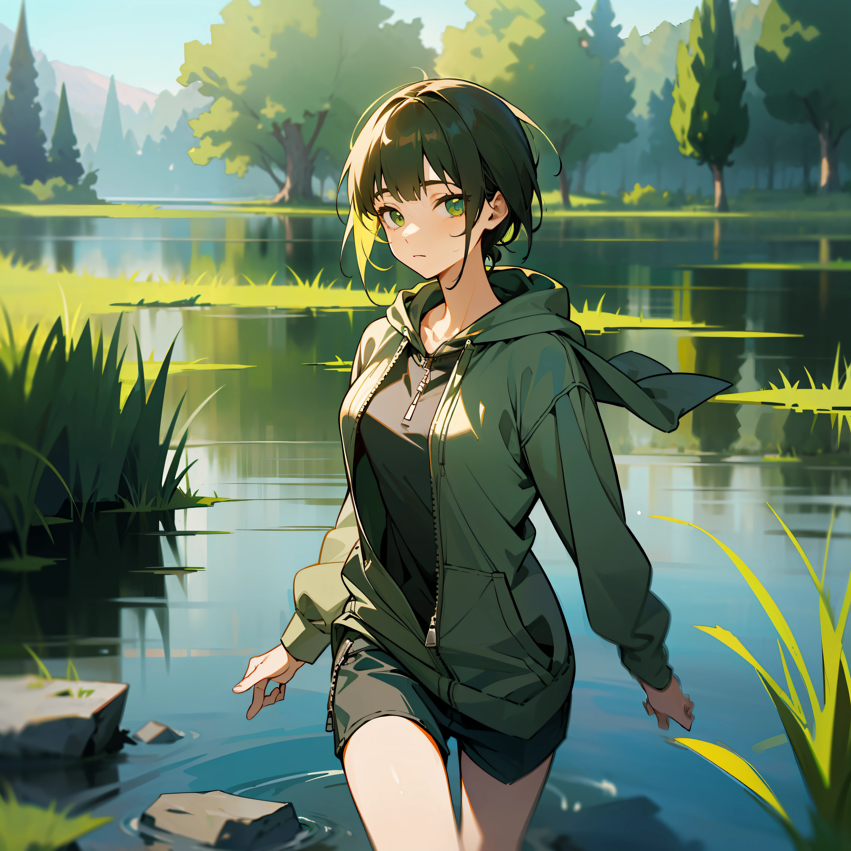 mksks style, (very detailed background:1.0), (highly detailed background:1.0), 1girl, full_body, looking_at_viewer, hoodie, partially_unzipped, masterpiece, best quality, (1boy, solo, boy:1.2), lake, grass, walking on water, jumping, stone ruins, chromatic aberration, depth of field, soft lighting