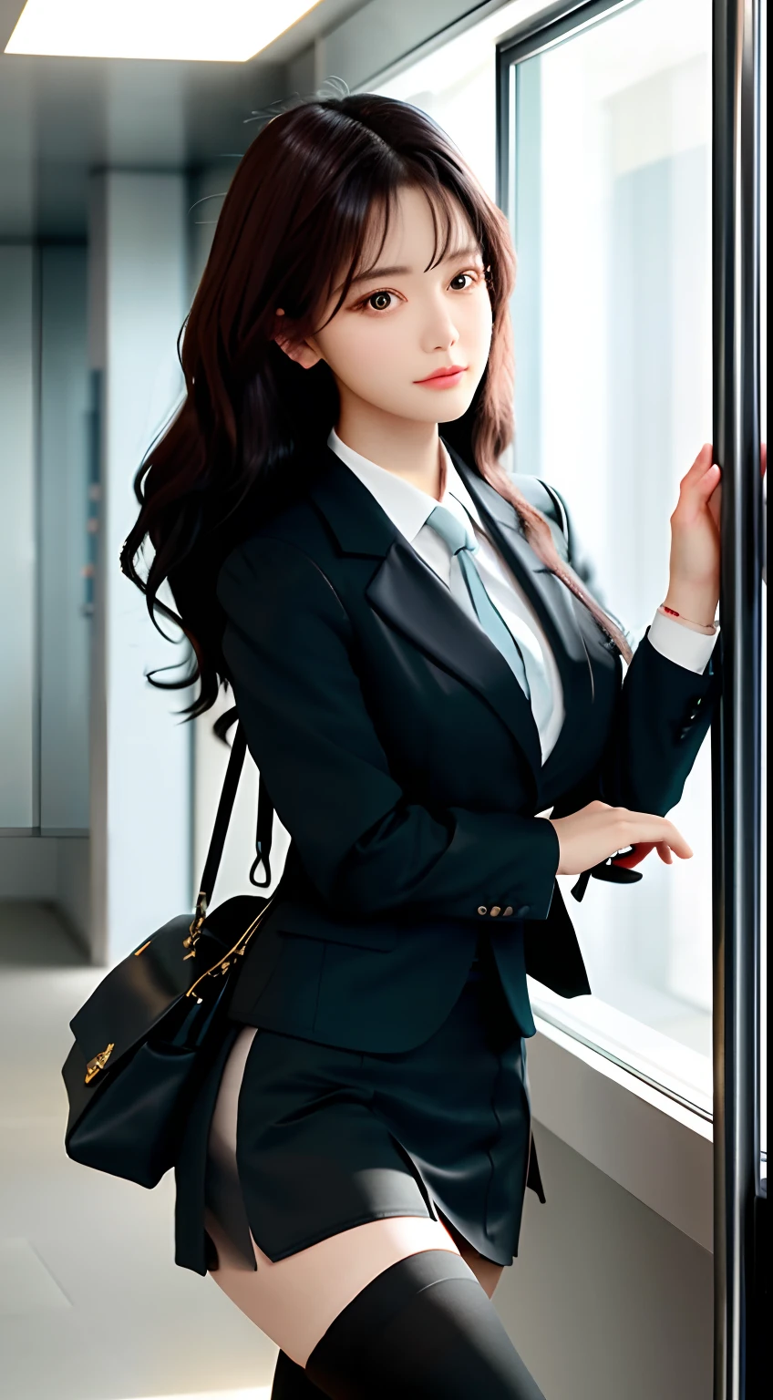 best qualtiy， tmasterpiece， 1girll， beauitful face， （photograph realistic：1.3）， edge lit， （highdetailskin：1.2）， 8K  UHD， digital SLR camera， high high quality， A high resolution， 4k， 8k， bokeh， absurderes， Optimal proportions of four fingers and one thumb， （realisticlying：1.3）， Cute 1girl， Wearing a black formal blazer， Large breasts， short  skirt，black lence stockings