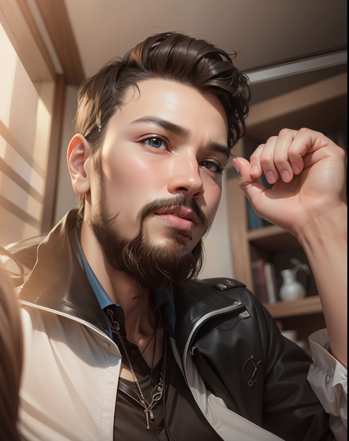 um close up de um homem com barba e microfone, Cantor Maluma, he got a big french musctache, com uma barba pequena, barba arrumada, barba pequena, pelos faciais curtos, sorriso insano, barba raspada, bigode grosso, facial hair, barba de cavanhaque, he's smiling, homem muito atraente com barba, bigode enorme, barba curta, homem barbudo