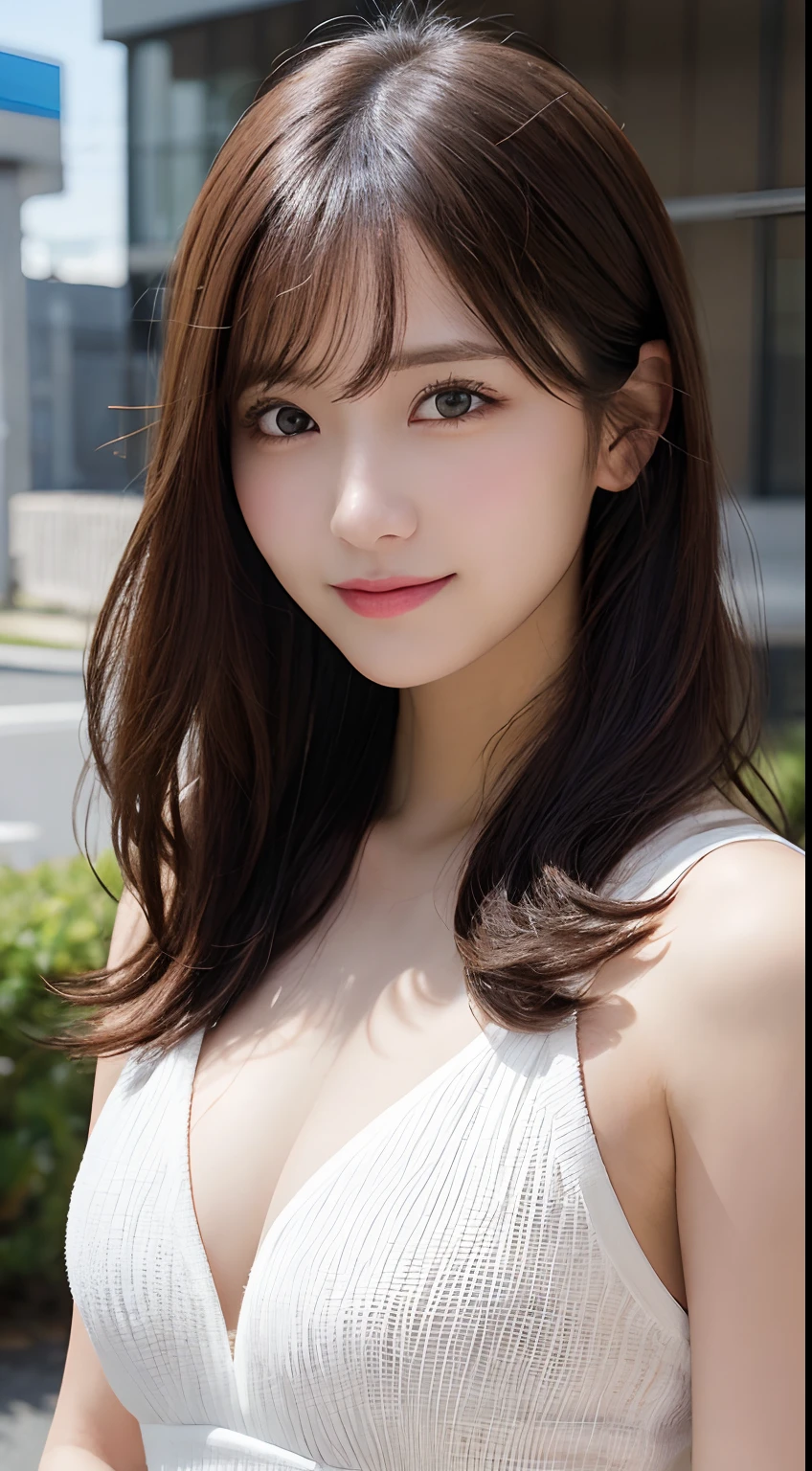 masutepiece, Best Quality, Illustration, Ultra-detailed, finely detail, hight resolution, 8K Wallpaper, Perfect dynamic composition, Beautiful detailed eyes, Women's Fashion Summer,Medium Hair,Small breasts natural color lip, Bold sexy poses,Smile,Minato-ku, Tokyo、20 years girl、Cute、Sexy shot looking at camera