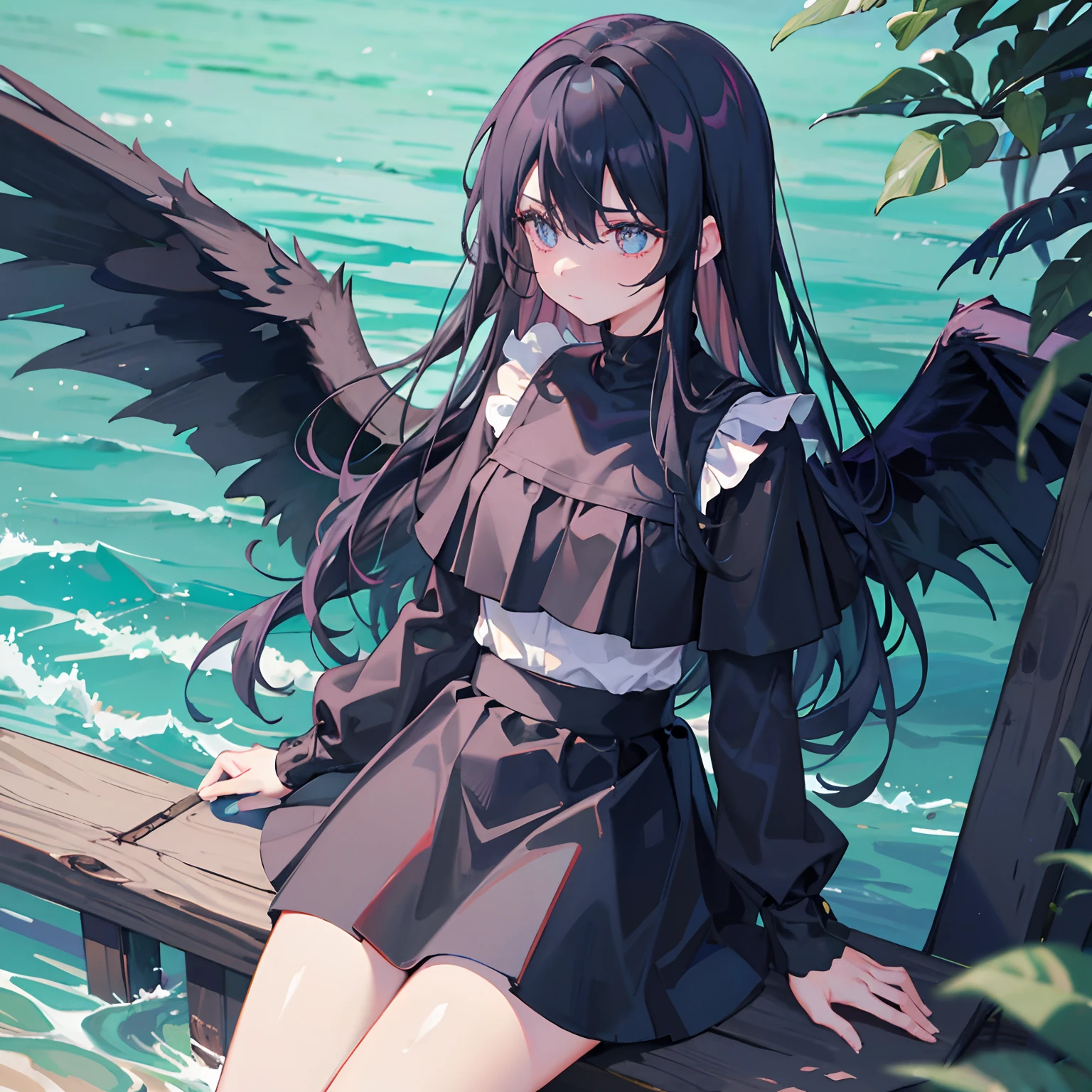 Best quality at best，Masterpiece A girl，Black clothes，contempt eyes，Fallen Angel，lake water