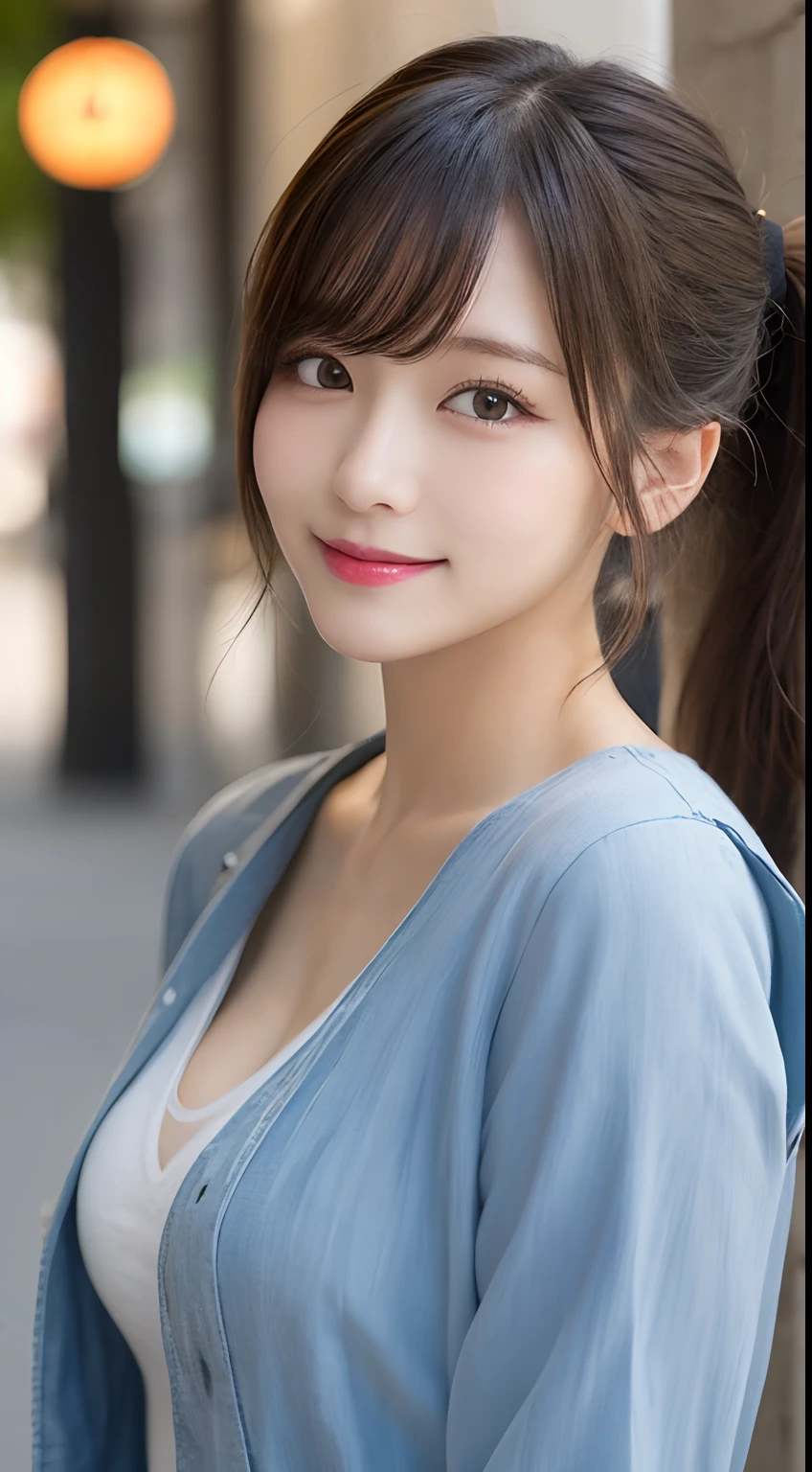 masutepiece, Best Quality, Illustration, Ultra-detailed, finely detail, hight resolution, 8K Wallpaper, Perfect dynamic composition, Beautiful detailed eyes, Women's Fashion Summer,Ponytail Hair,Small breasts natural color lip, Bold sexy poses,Smile,Harajuku、20 years girl、Cute、Sexy shot looking at camera