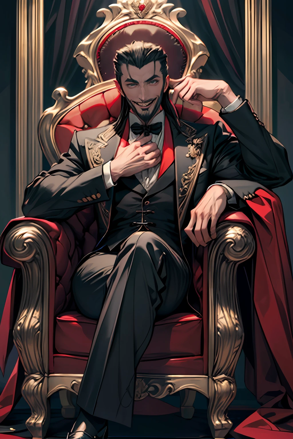 Best quality, portrait, A handsome man as Dracula, seated on his throne, Dracula's Castle, corps en forme, Tenue classique Dracula, visage parfait, (Des yeux brillants), sourire, Crocs visibles, tons doux, Composition hyperdétaillée, Intricate details, 8k, UHD