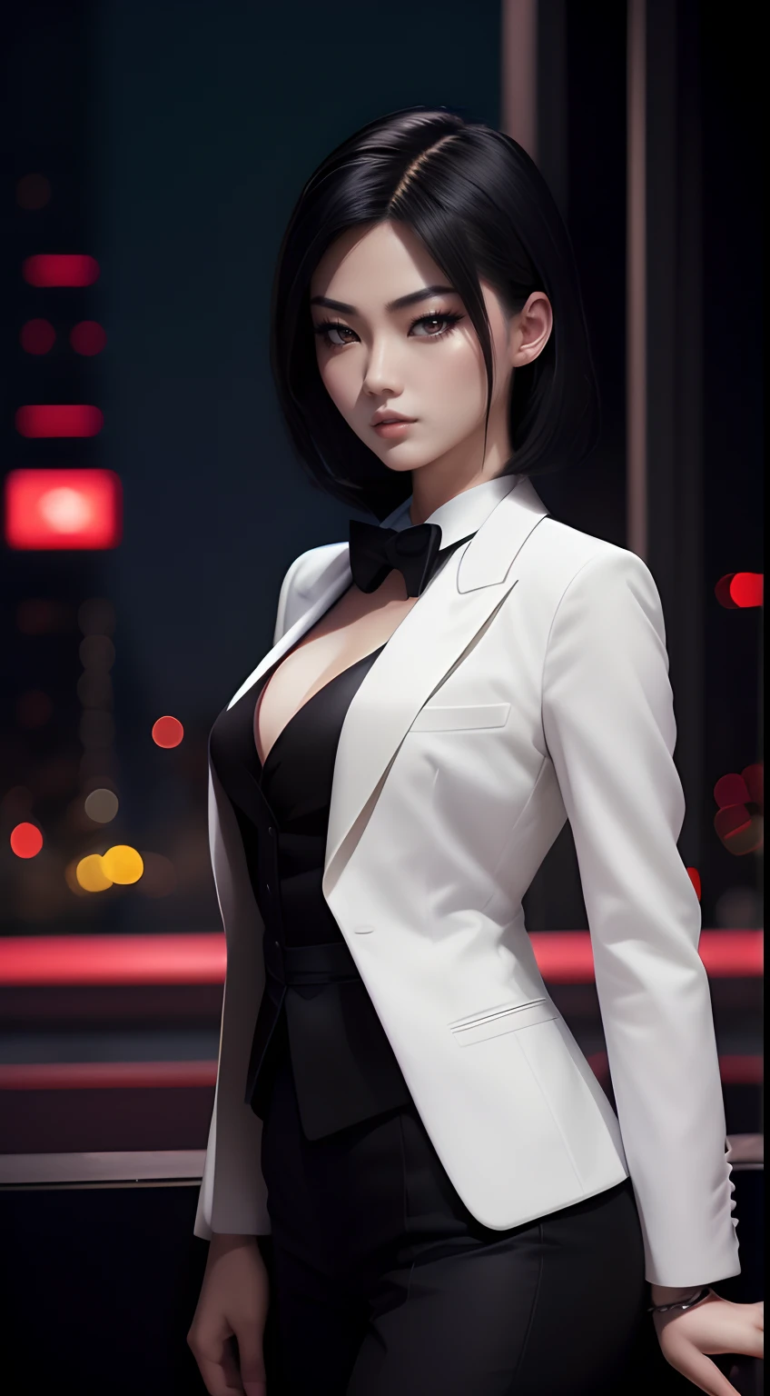 (A beautiful 25 years old Asian Hitwoman), (wolfcut black hair), (pale skin), (serious face), (wearing black and white formal tuxedo), (city at night background), view from front, waist up shot, dynamic pose, ambient lighting, photo realism, intricate face detail, intricate hand details, highly detailed, vibrant colors, cinematic, high definition, trending on Artstation--style raw