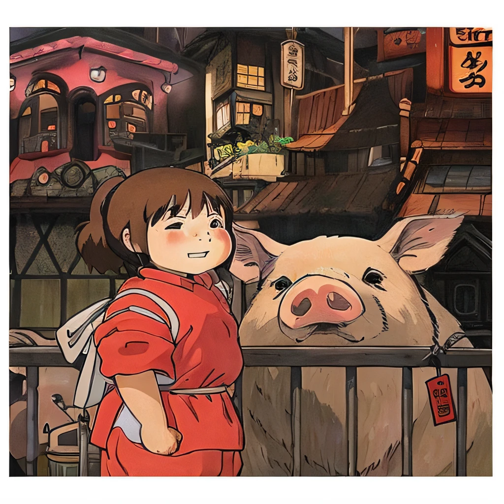Cartoon photo of a girl standing next to a pig, The atmosphere of Chihiro's Spirited Away, studio ghibli artstyle, in style of hayao miyazaki, ghibli art style, Spirited Away, by Hayao Miyazaki, by Miyazaki, In the style of Studio Ghibli, studio ghibli artstyle, inspired by Satoshi Kon, studio ghibli and shinkai makoto