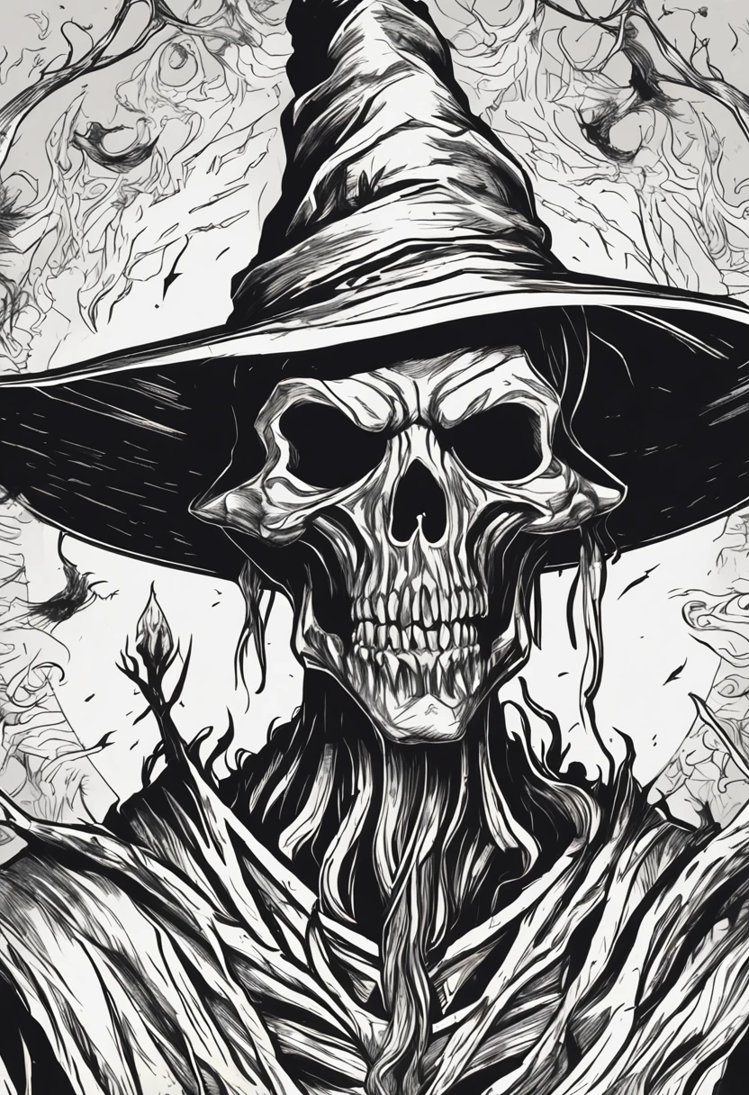 Create a terrifying drawing of a witch wizard. This mage is a being of darkness, his face is skeletal, with sunken eyes and no pupil, just a burning flame. Its skin is stretched like parchment and covered in mysterious runes that seem to move. On his head he wears a wide-brimmed hat, the shadows of which hide his face, and dripping from it dripping with melted wax, as if the hat were a lighted candle. His torn black cloak seems to be made of living shadows that stretch into infinity. The mage holds a twisted staff with a human skull at the end, and a dark, slimy substance oozes from the skull. Surrounding him is a circle of candles that burn in green flames and give off a sulfurous smell. The background is dark and filled with sinister shadows.