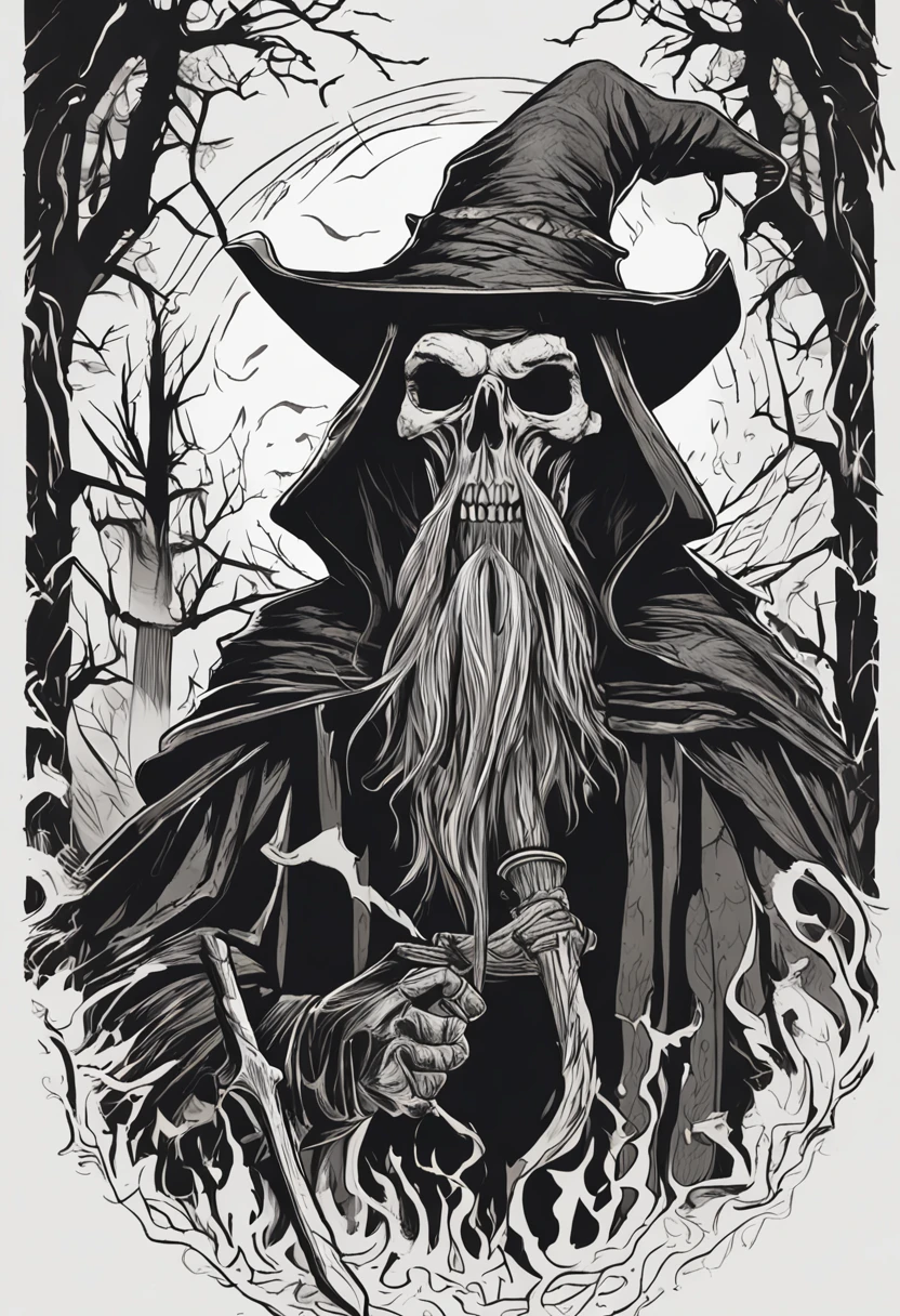 Create a terrifying drawing of a witch wizard. This mage is a being of darkness, his face is skeletal, with sunken eyes and no pupil, just a burning flame. Its skin is stretched like parchment and covered in mysterious runes that seem to move. On his head he wears a wide-brimmed hat, the shadows of which hide his face, and dripping from it dripping with melted wax, as if the hat were a lighted candle. His torn black cloak seems to be made of living shadows that stretch into infinity. The mage holds a twisted staff with a human skull at the end, and a dark, slimy substance oozes from the skull. Surrounding him is a circle of candles that burn in green flames and give off a sulfurous smell. The background is dark and filled with sinister shadows.