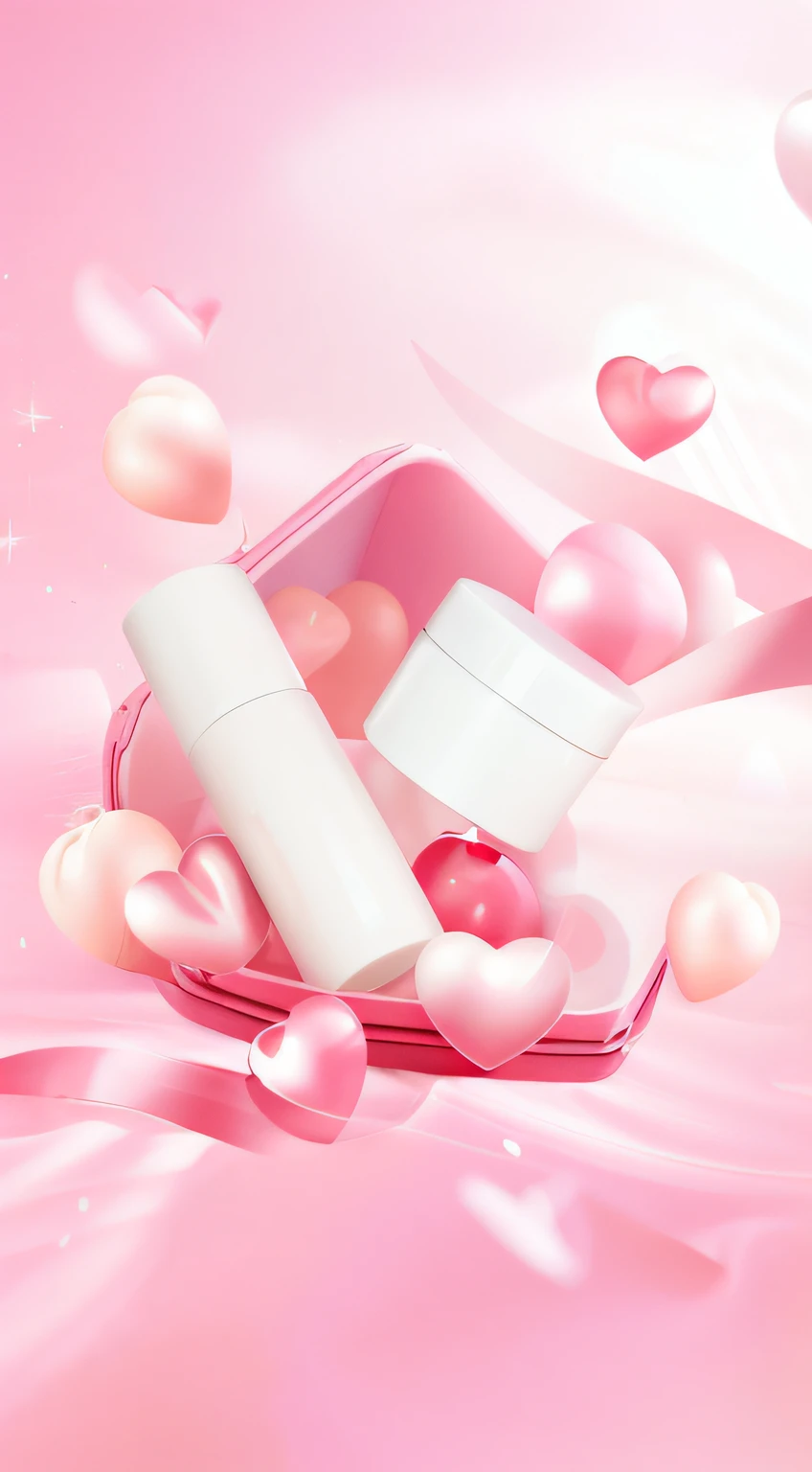 There is a pink container，There are lots of pink balls and a tube of cream inside, pink hearts in the background, red peach, white and pink, shaxi, cheerfulness, 6k, 4 ), with soft pink colors, big breasts beautiful, white and pink cloth, high quality topical render, Love theme, perfume, soft light 4 k in pink, vd